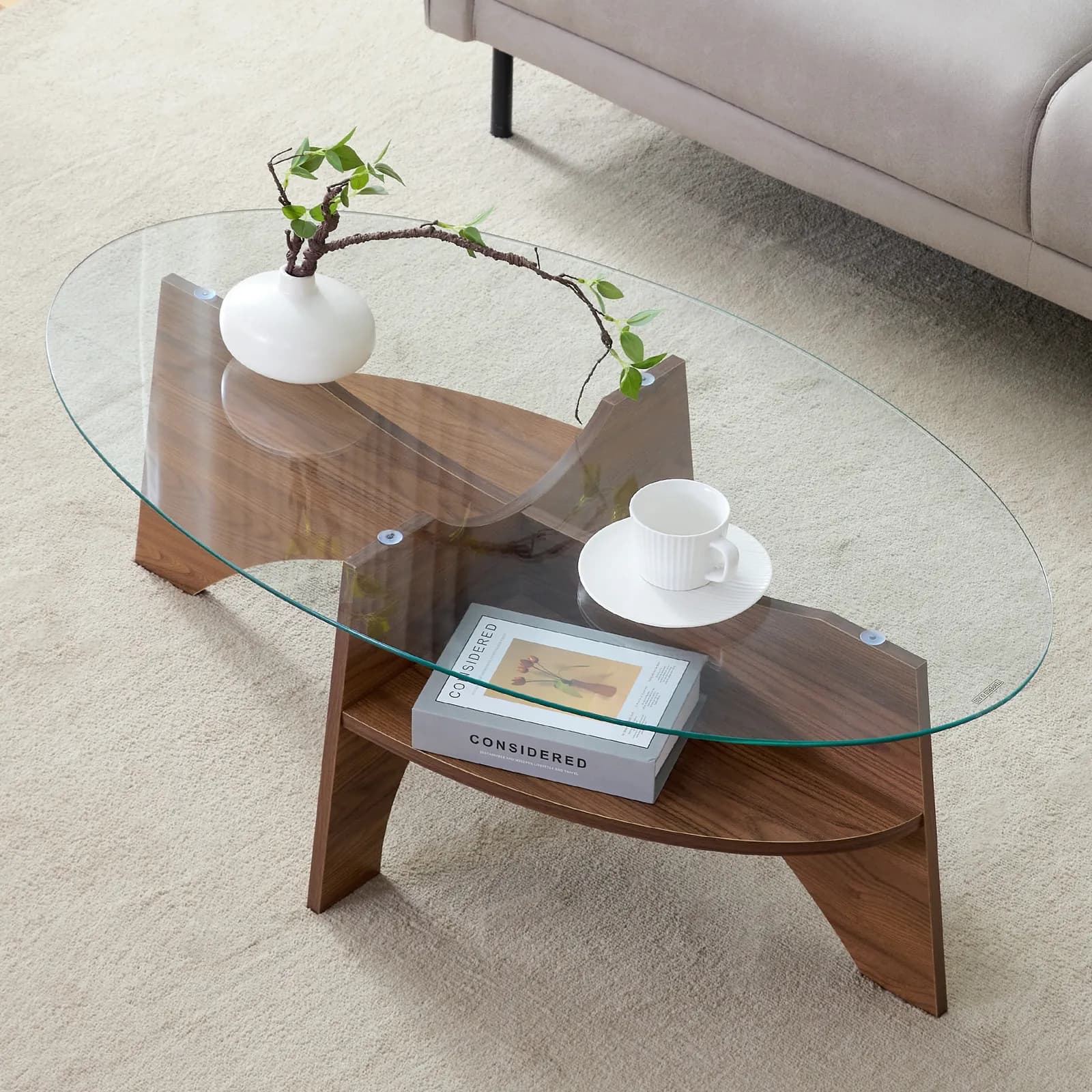 Oval Tempered Glass Coffee Table - 41, 3"x23, 6" Multi-Functional Design, Oval Tabletop,…
