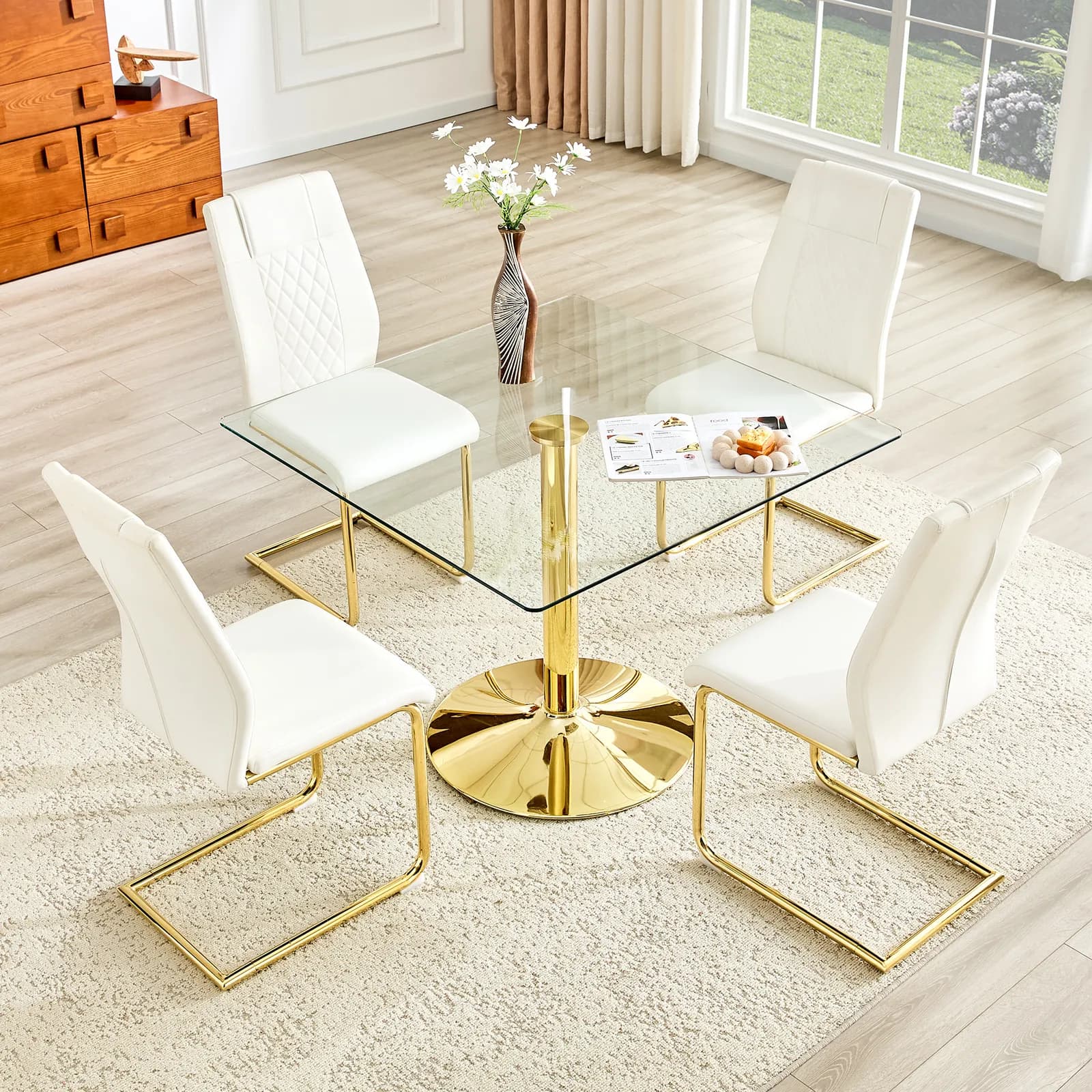Table and chair set, 38, 5-inch Modern Minimalist Square Glass Dining Table with Gold…