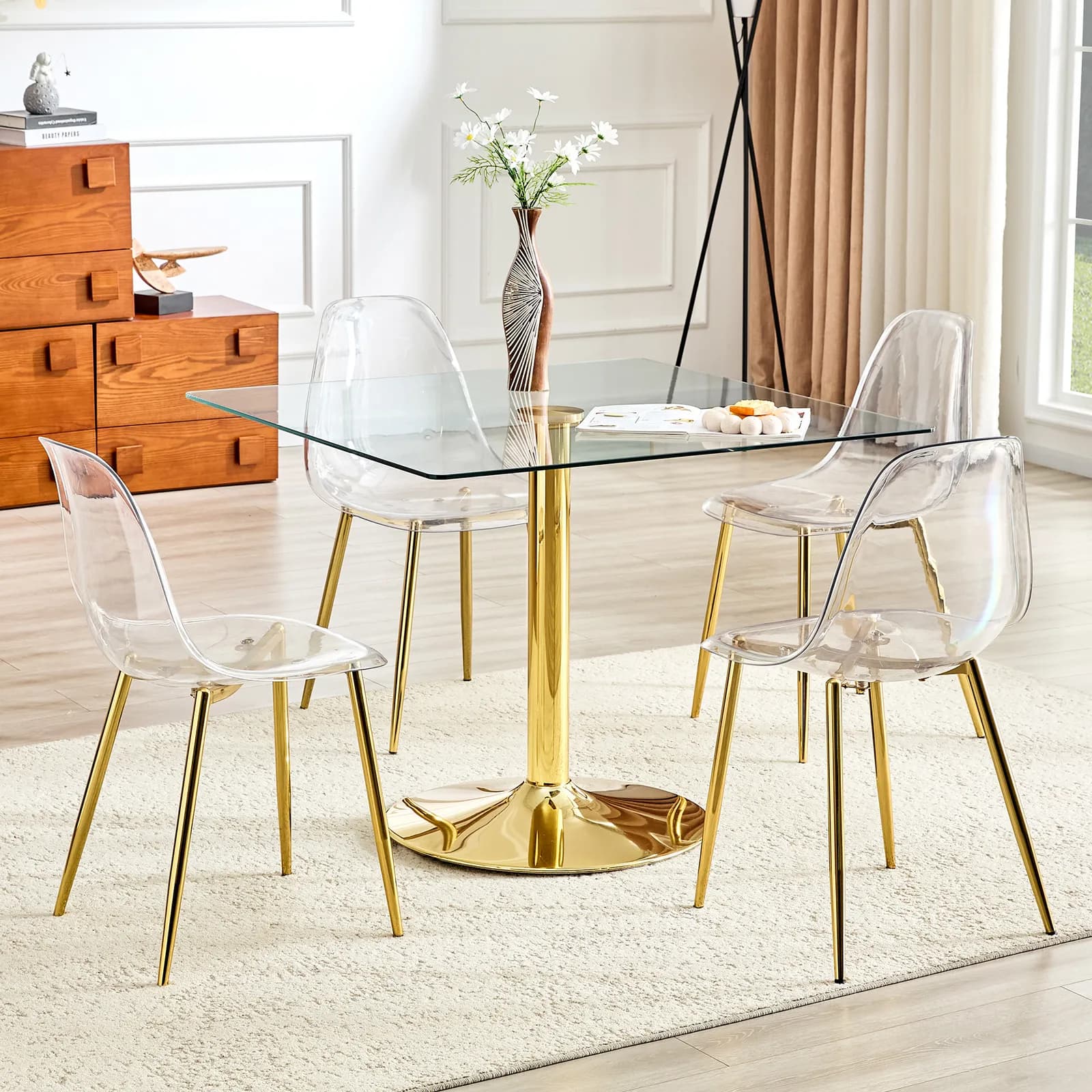 Table and chair set, 38, 5-inch Modern Minimalist Square Glass Dining Table with Golden…
