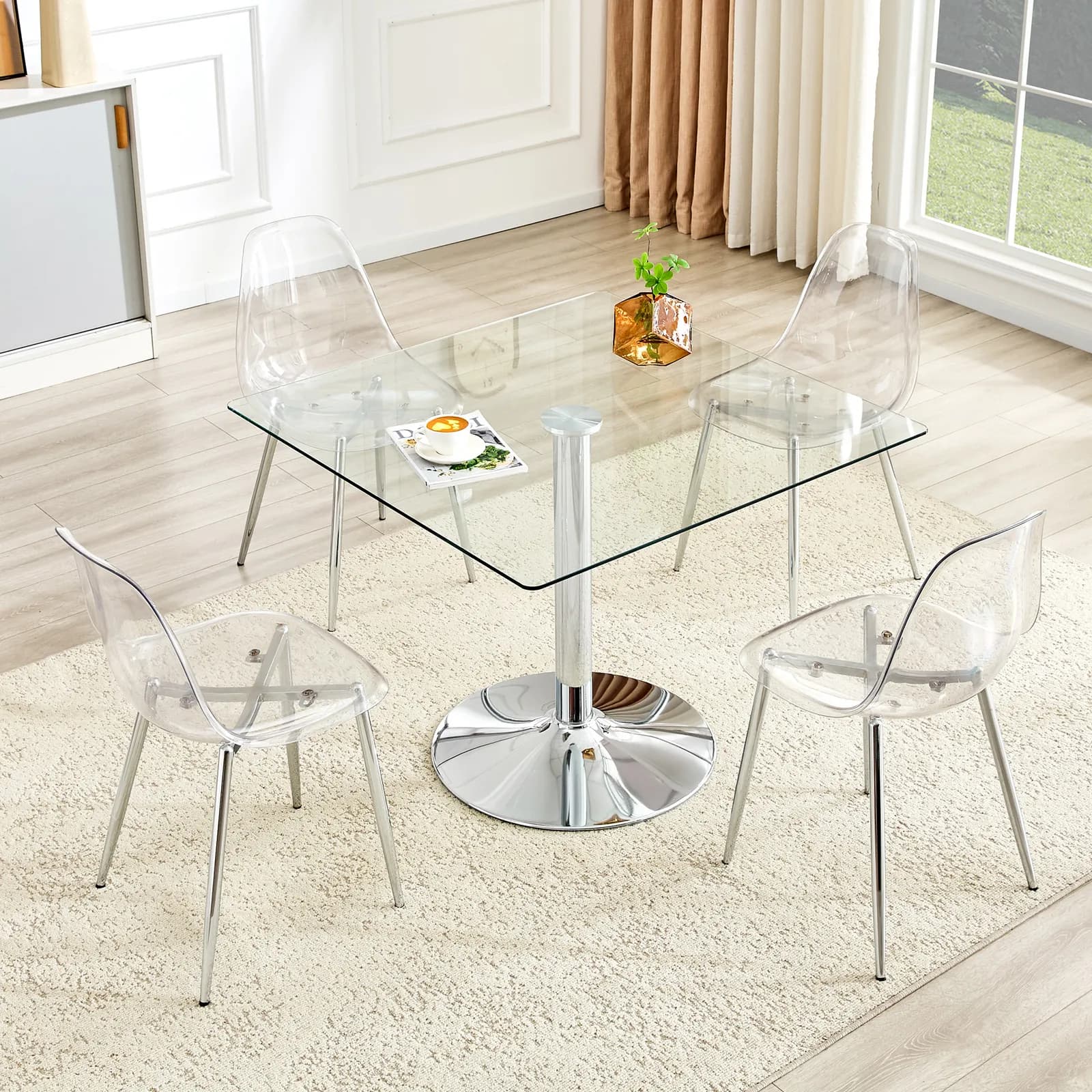 Table and chair set, 38, 5-inch Modern Minimalist Square Glass Dining Table with Silver…
