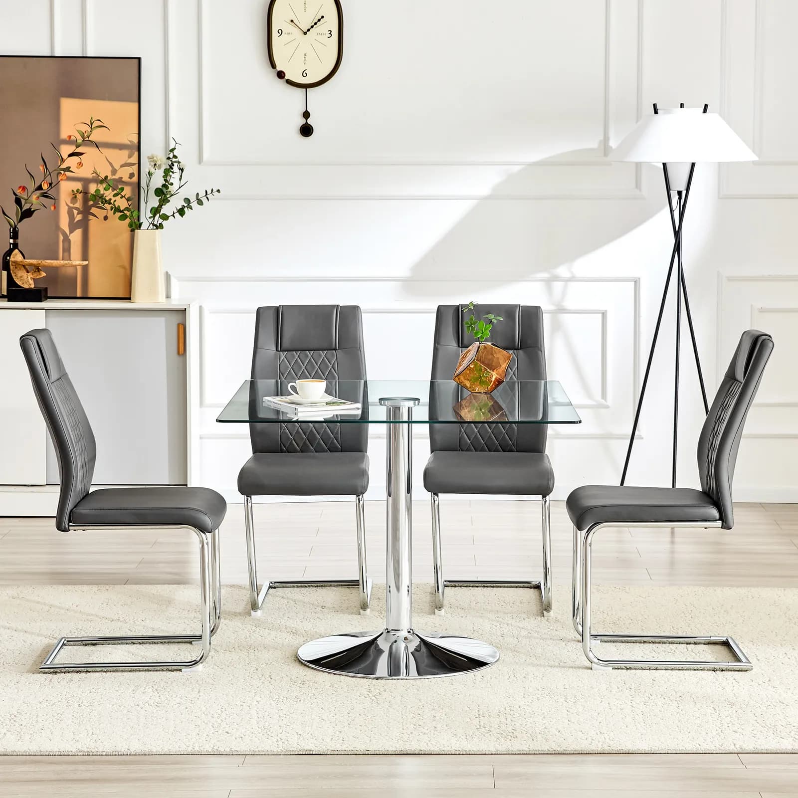 Table and chair set, 38, 5-inch Modern Minimalist Square Glass Dining Table with Silver…