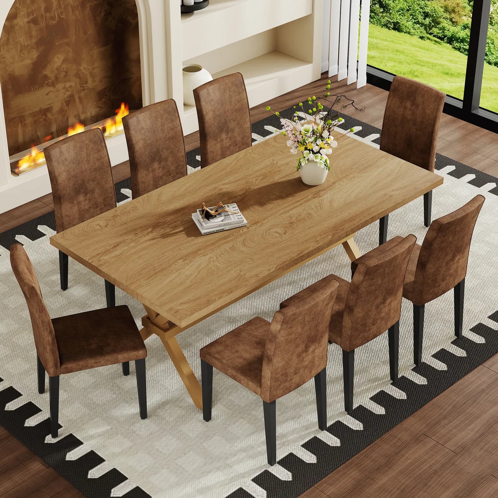 Table and chair set, 71 * 35, 4 inch Wood grain MDF splicing desktop with X-shaped metal…