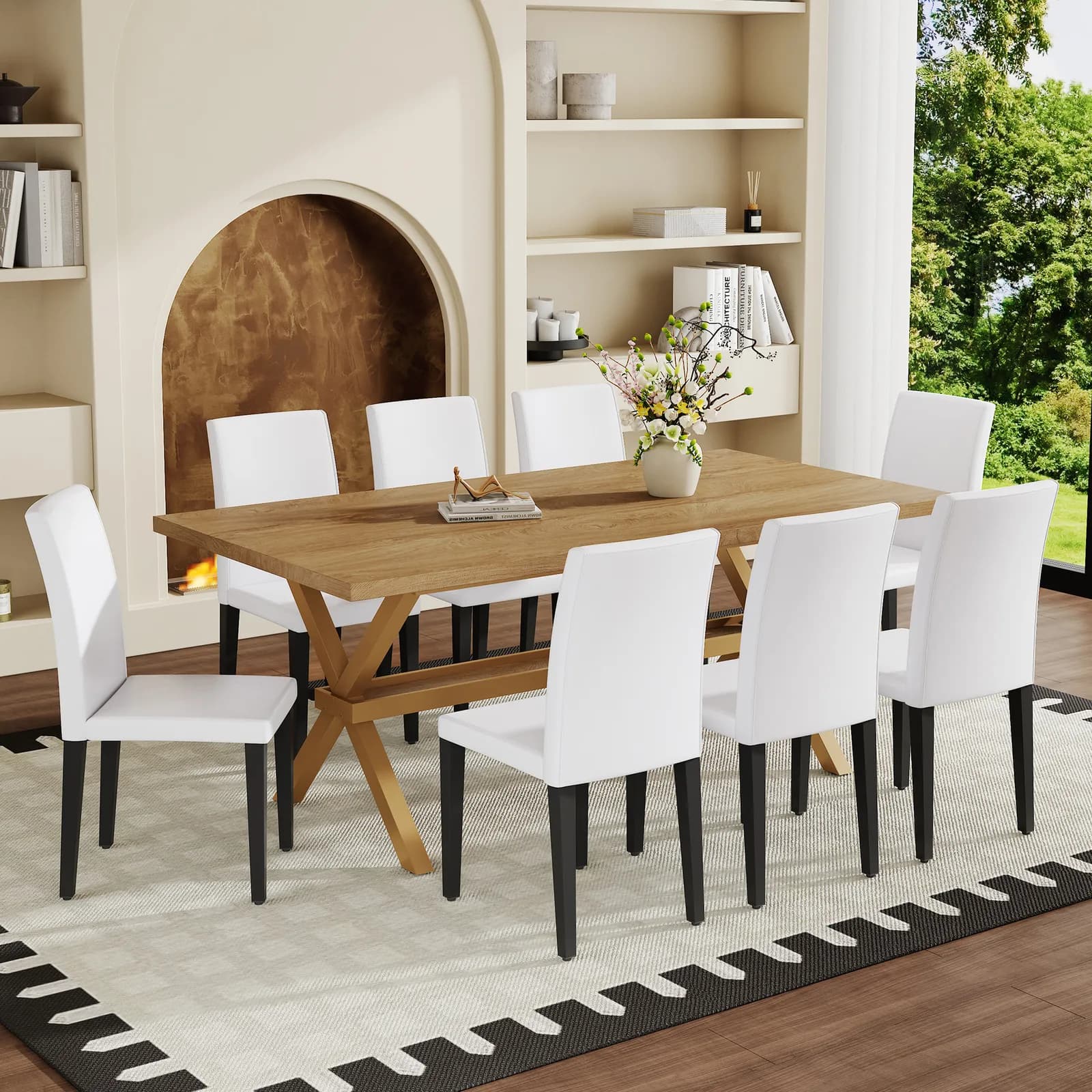 Table and chair set, 71 * 35, 4 inch Wood grain MDF splicing desktop with X-shaped metal…