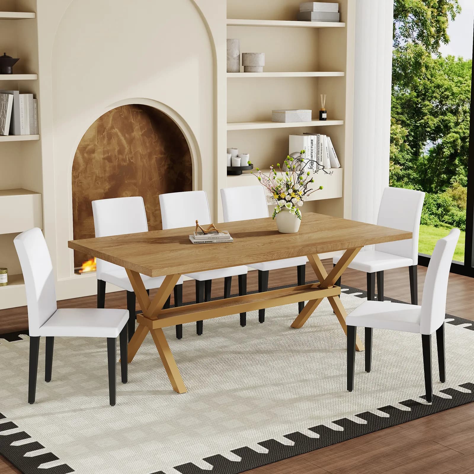 Table and chair set, 71 * 35, 4 inch Wood grain MDF splicing desktop with X-shaped metal…