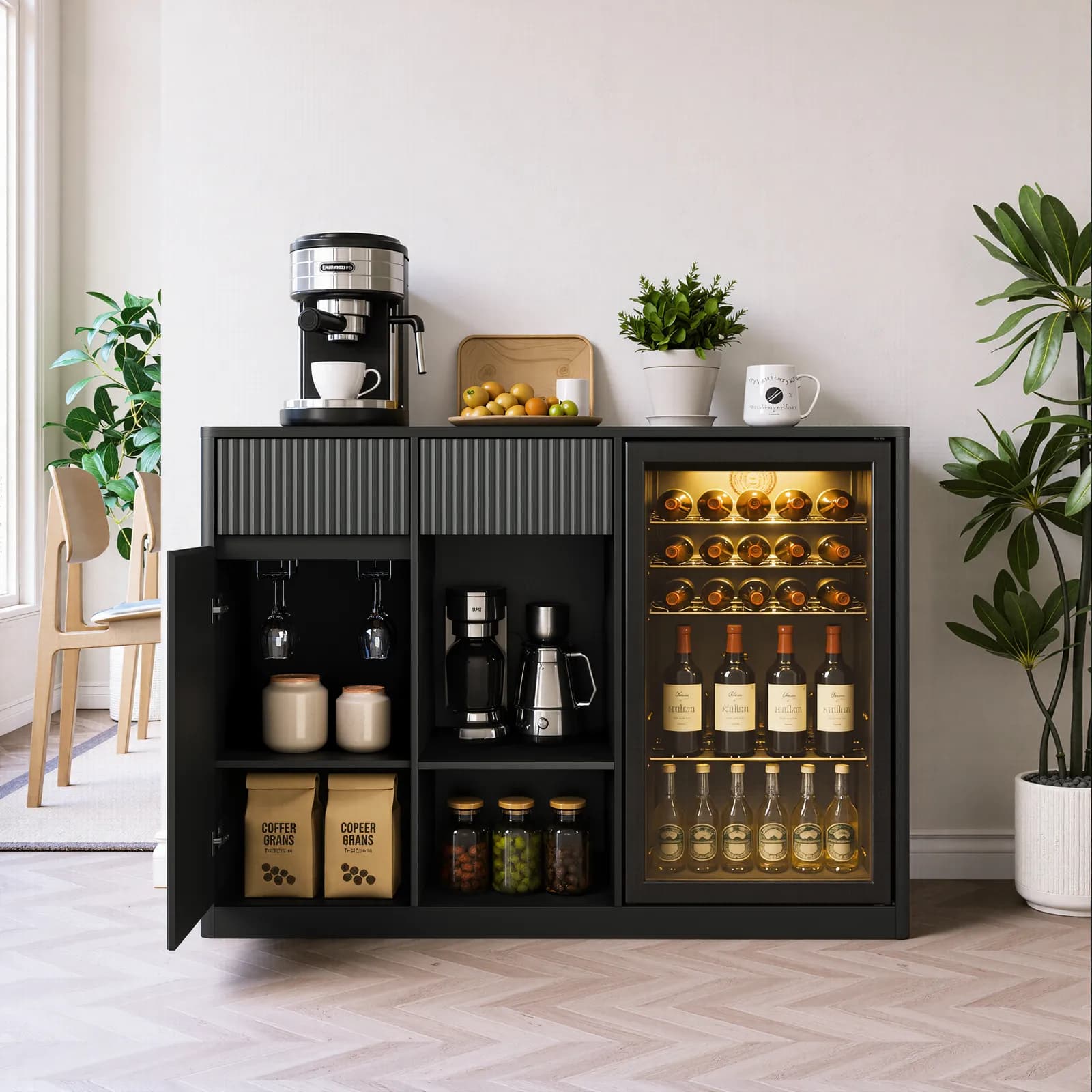 51" Fluted Bar Cabinet with Fridge Space (Fridge Not Included), Modern Coffee Station…