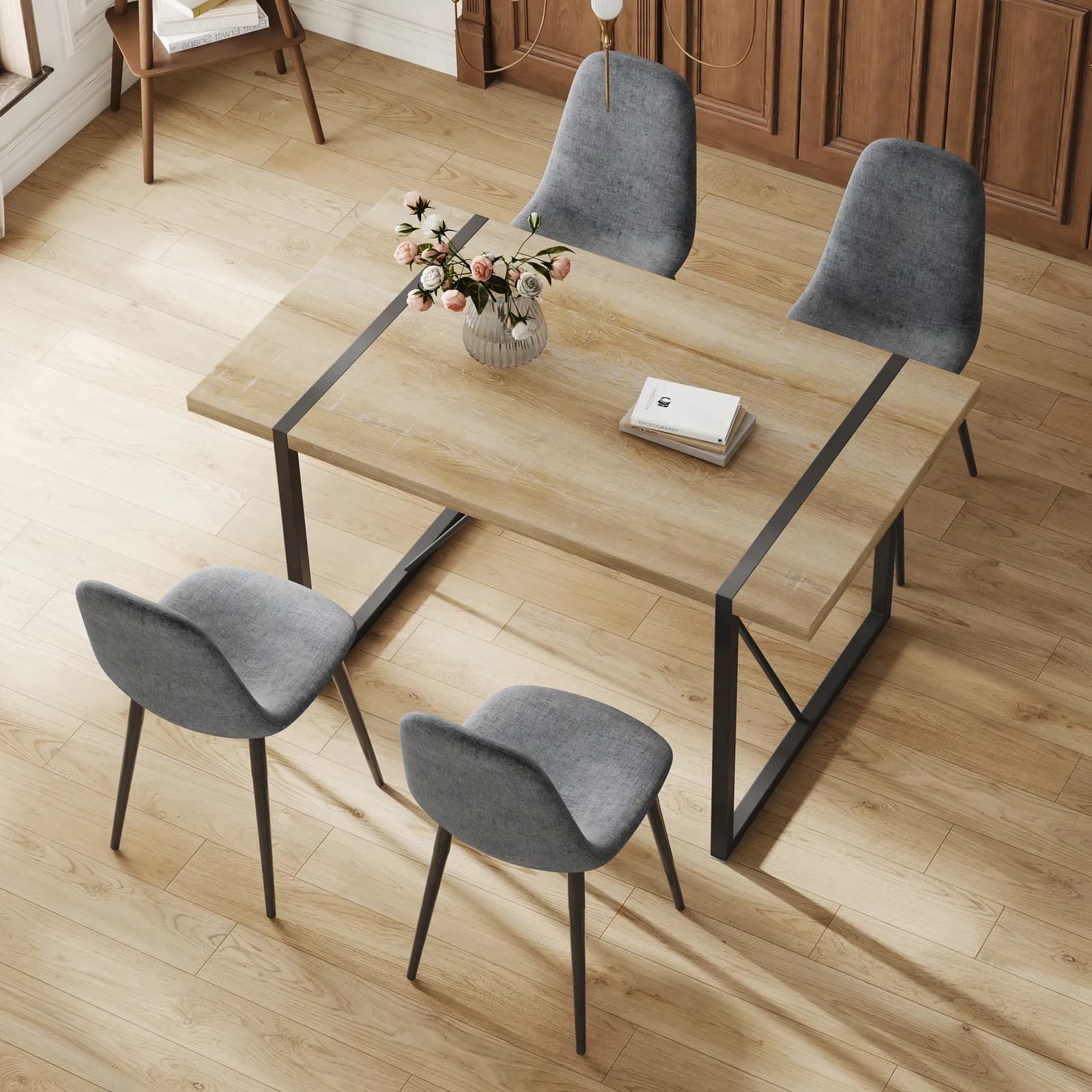Table and chair set, upholstered side chairs in a modern medieval style, 4 dark grey…