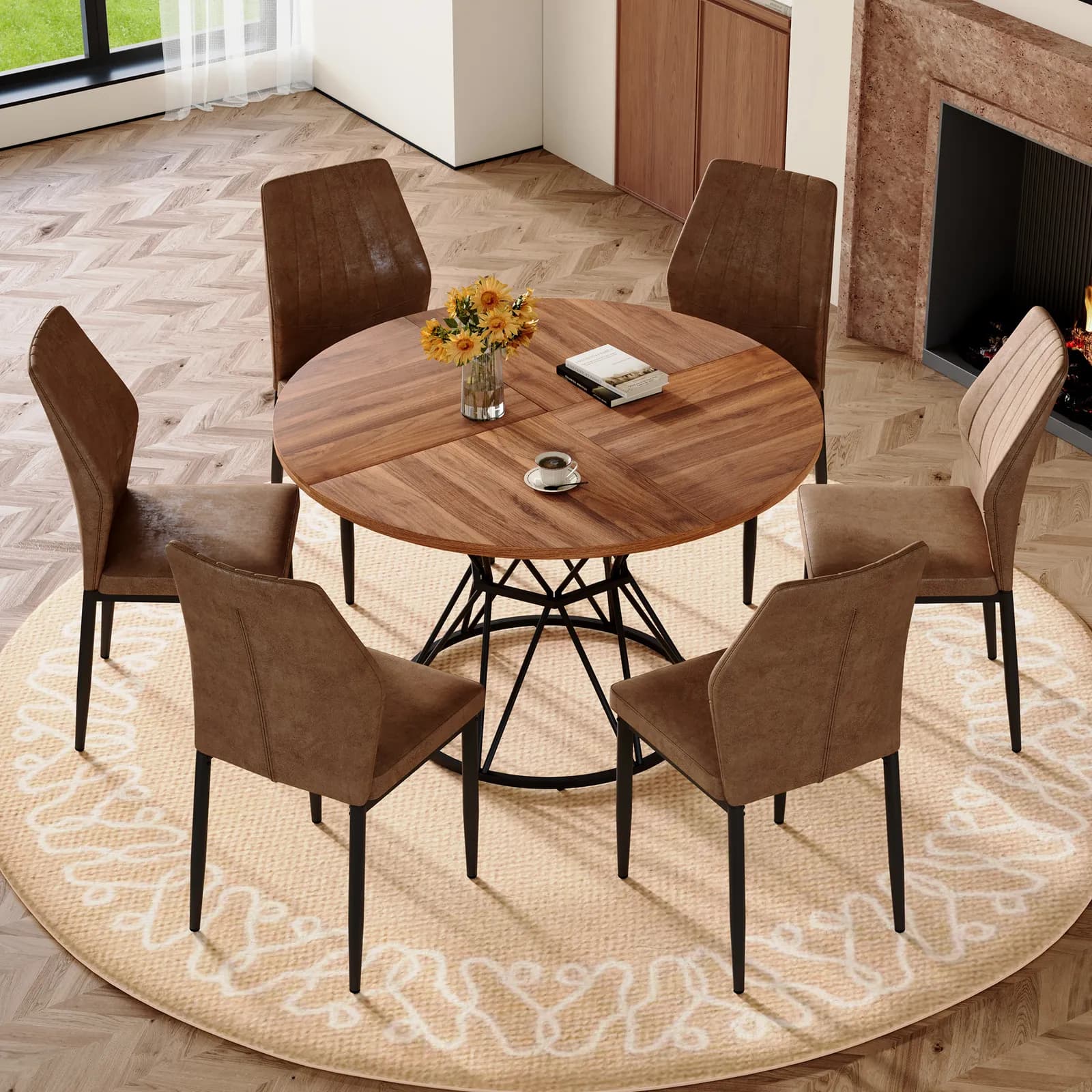 Table and Chair Set, A walnut MDF table with a diameter of 47, 3 inches, black hourglass…