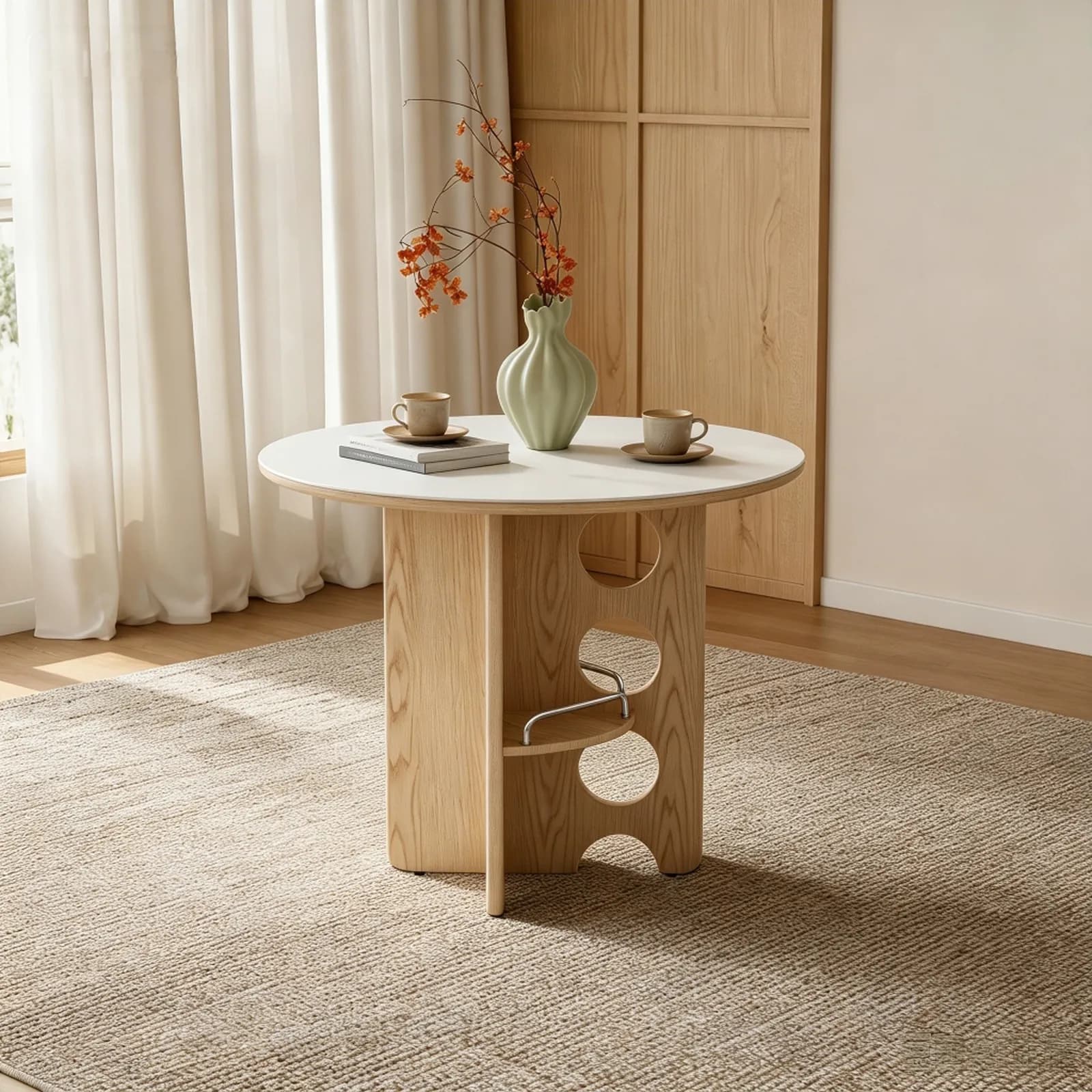 Medieval-style White Sintered Stone round dining table with storage compartments, wood…