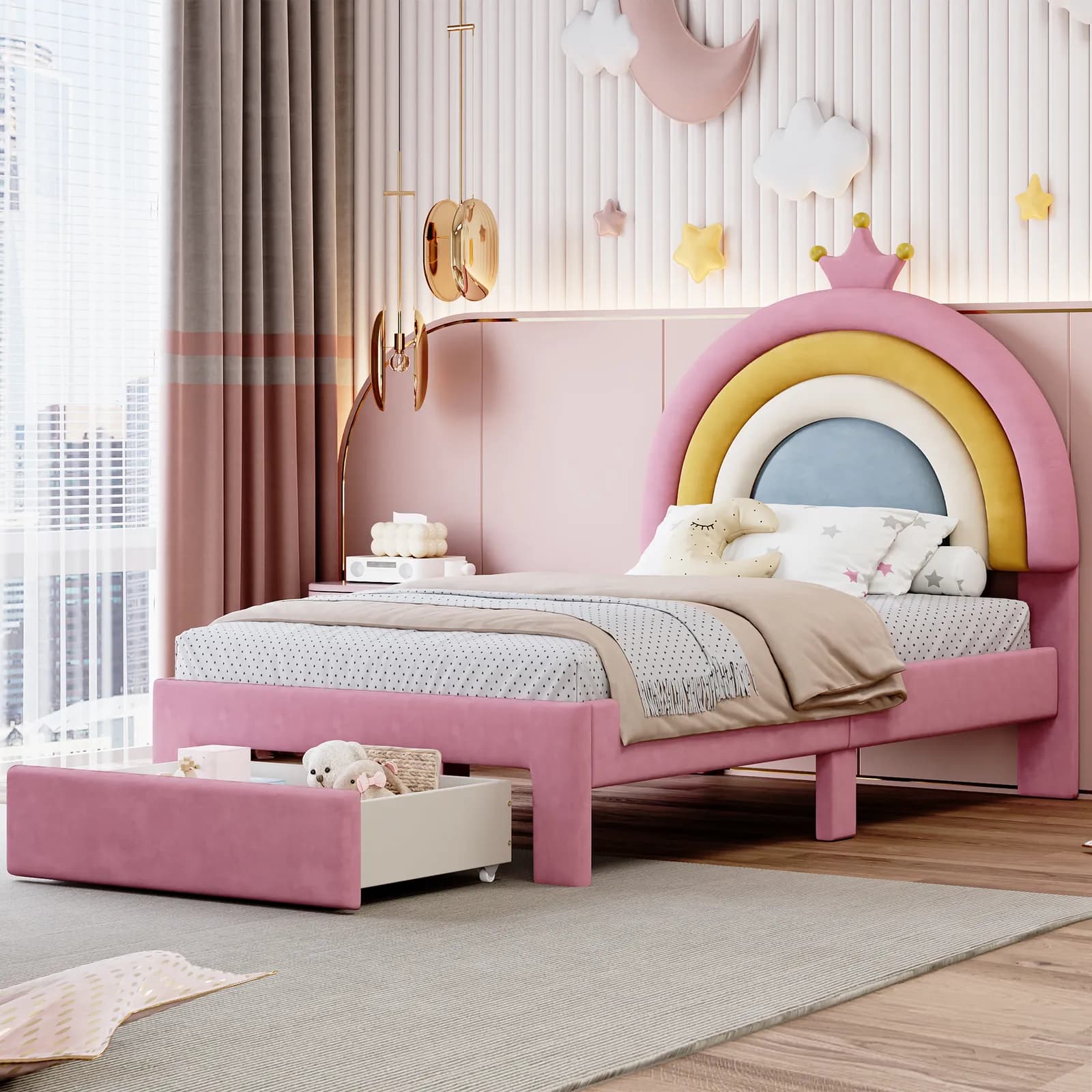Twin Size Upholstered Rainbow Design Bed, Velvet Princess Platform Bed with Storage…