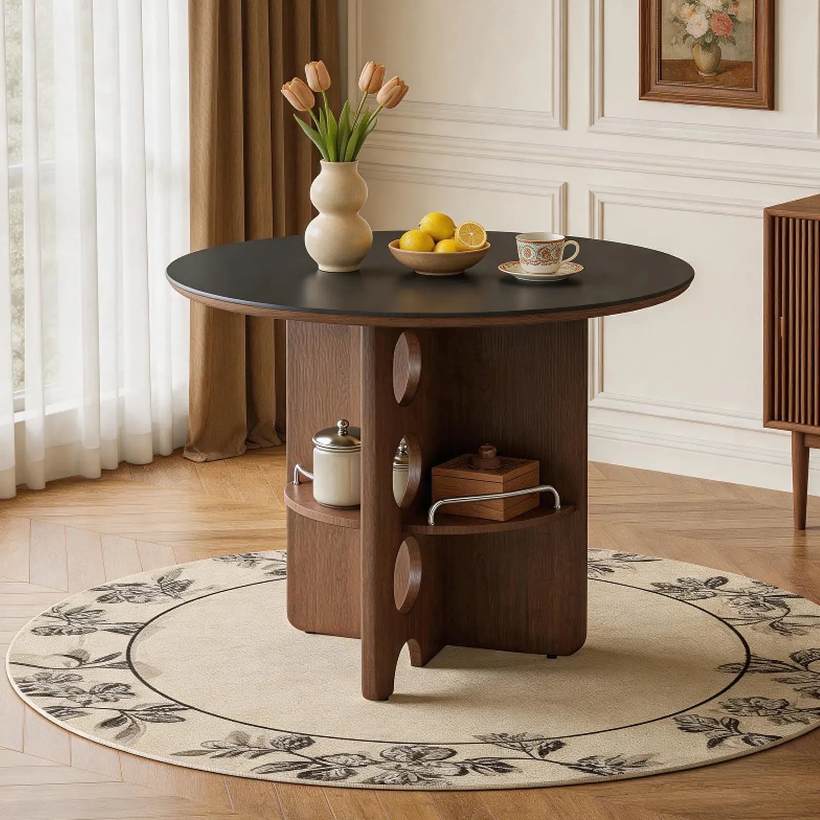 Medieval-style black Sintered Stone round dining table with storage compartments, walnut…