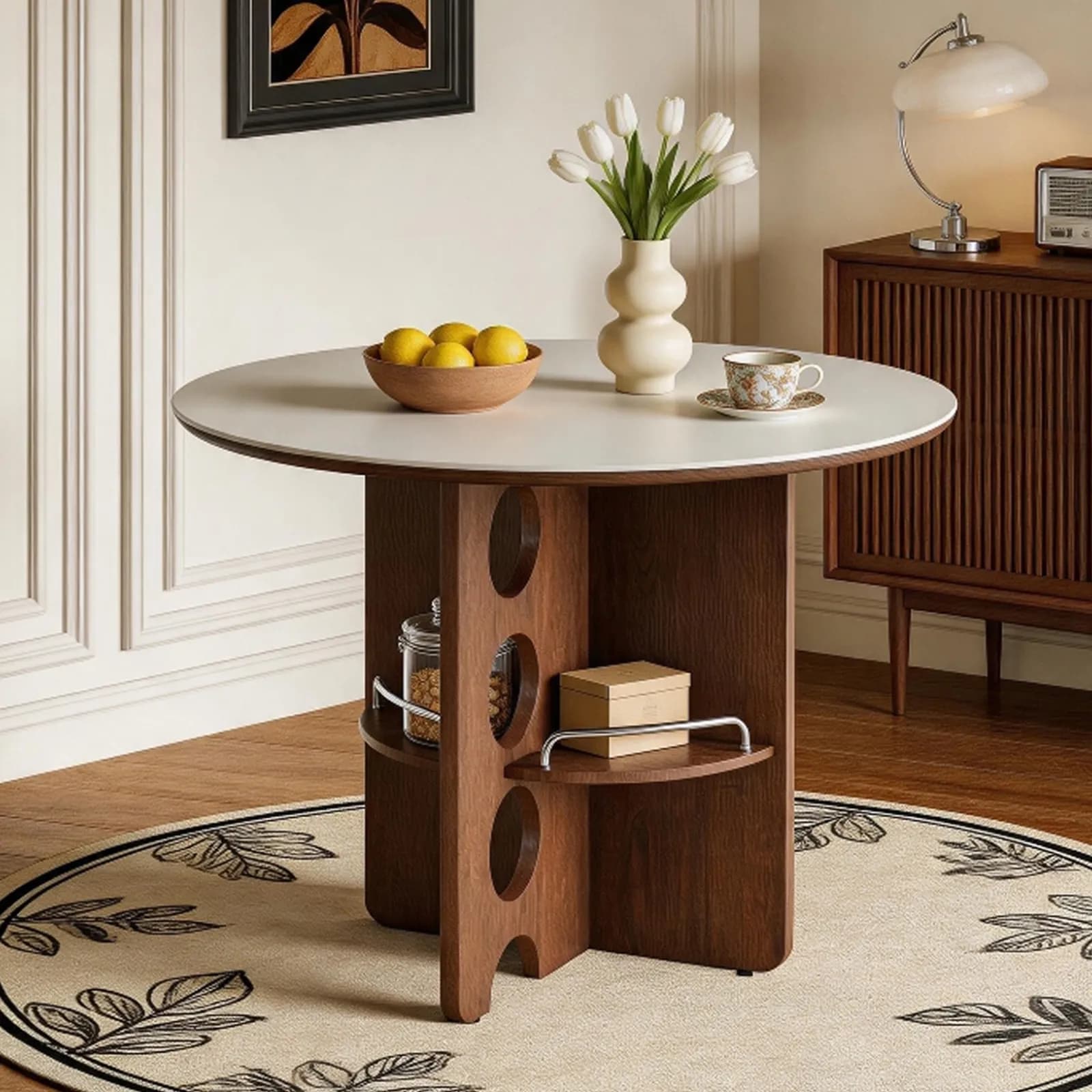Medieval-style white Sintered Stone round dining table with storage compartments, walnut…
