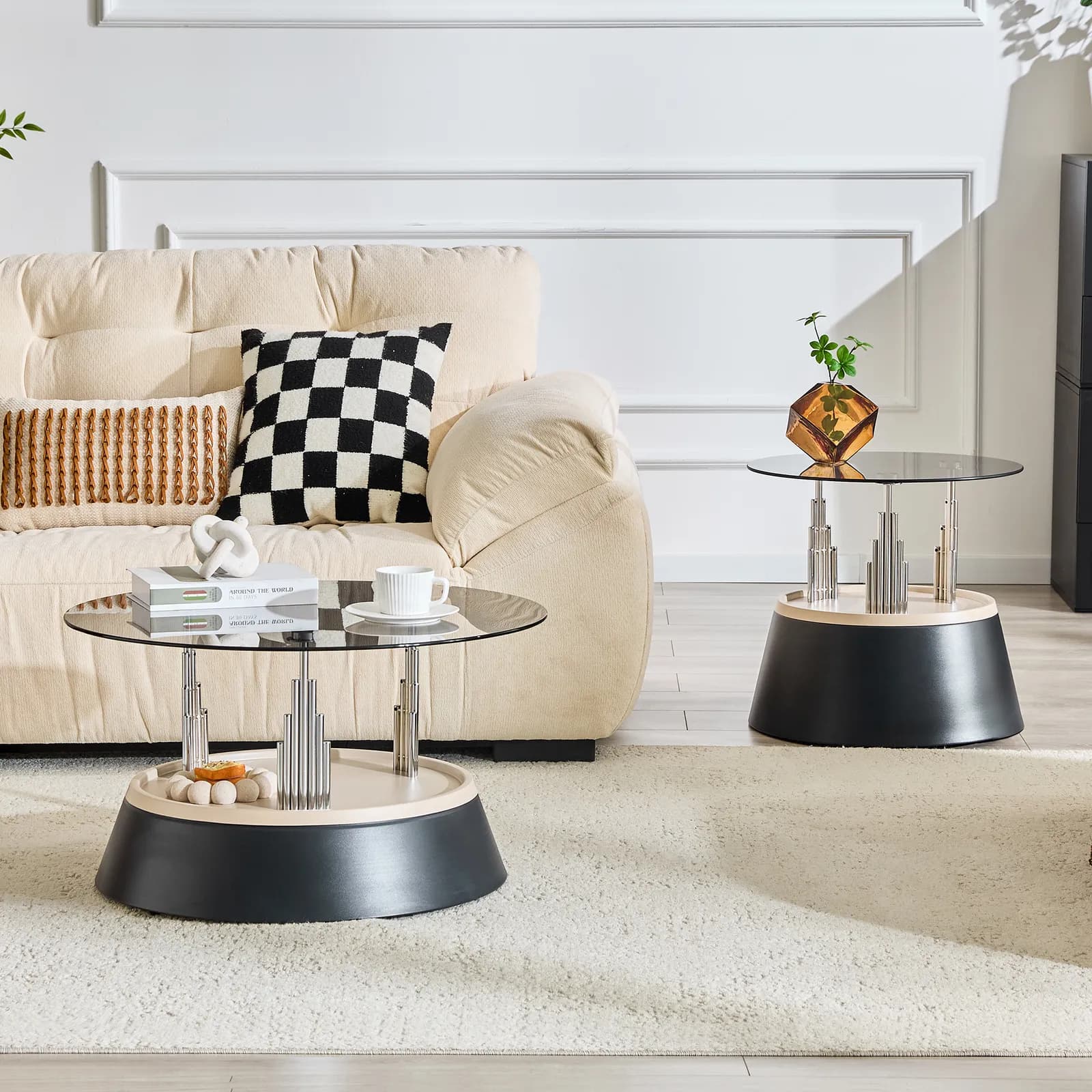 Affordable luxury black nesting coffee table set, Transparent tempered glass nesting set,…