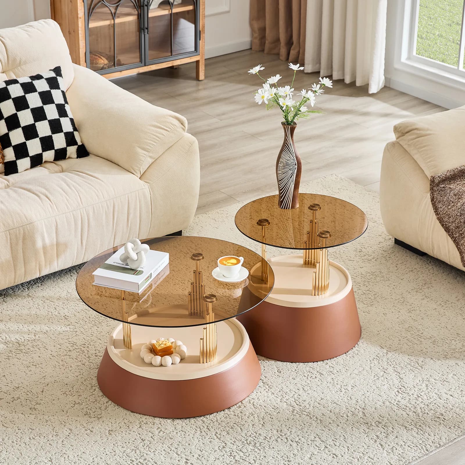 Luxury-inspired brown and gold nesting coffee table set, Set of two tiered coffee tables…