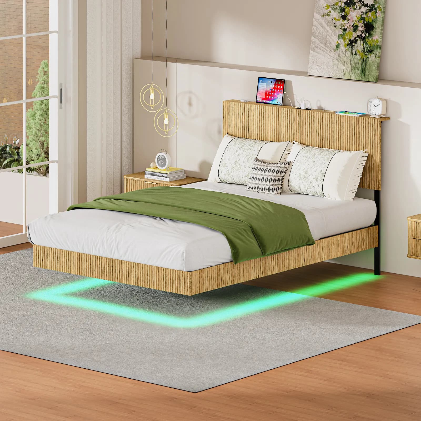 Oak Full floating bedstead, with charging station and LED lights, wavy headboard, with…