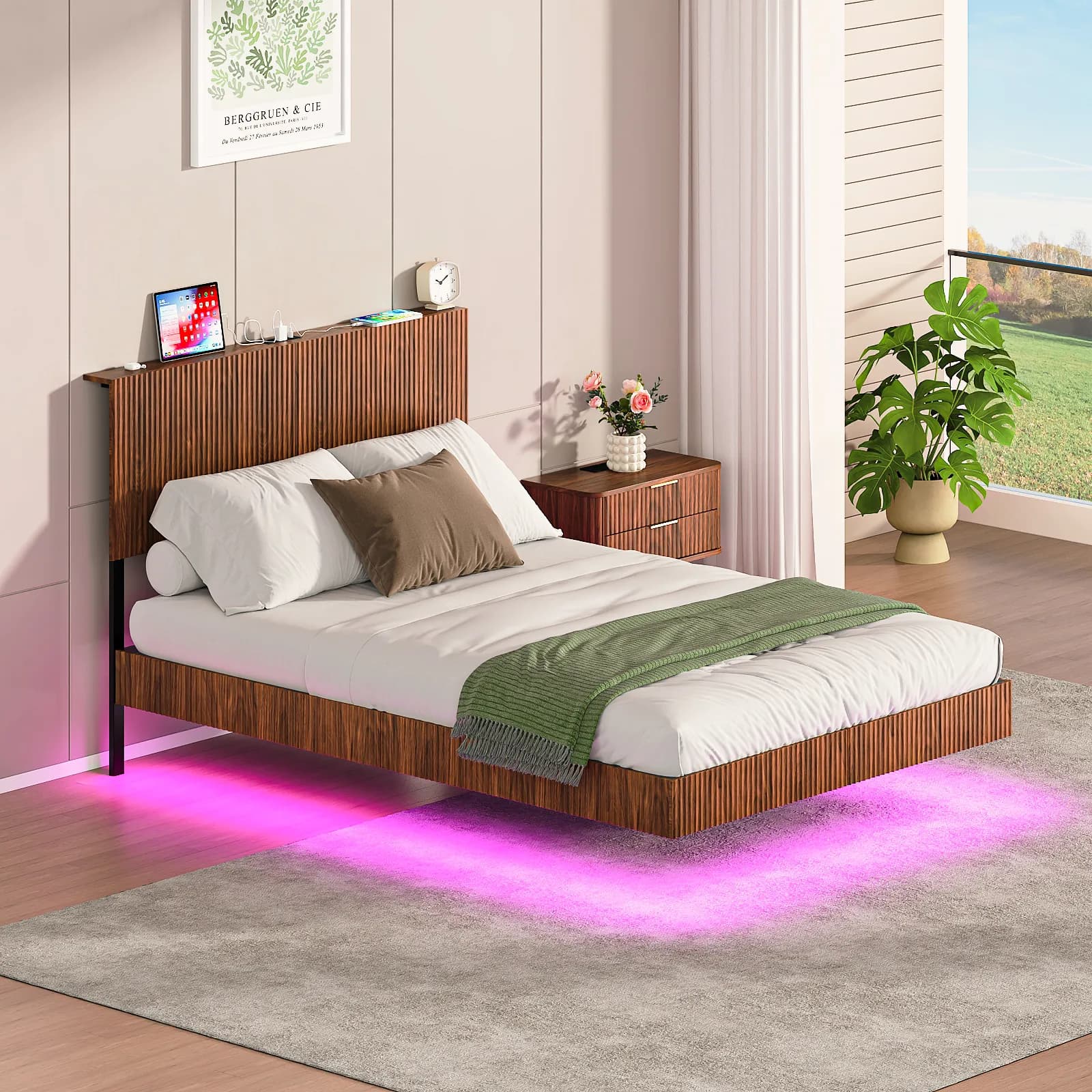 Walnut Full floating bedstead, with charging station and LED lights, wavy headboard, with…