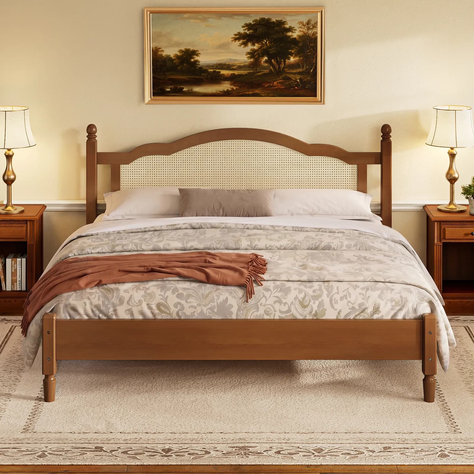 King Size Wooden Platform Bed with Natural Rattan Headboard, Vintage Bed Frame with…