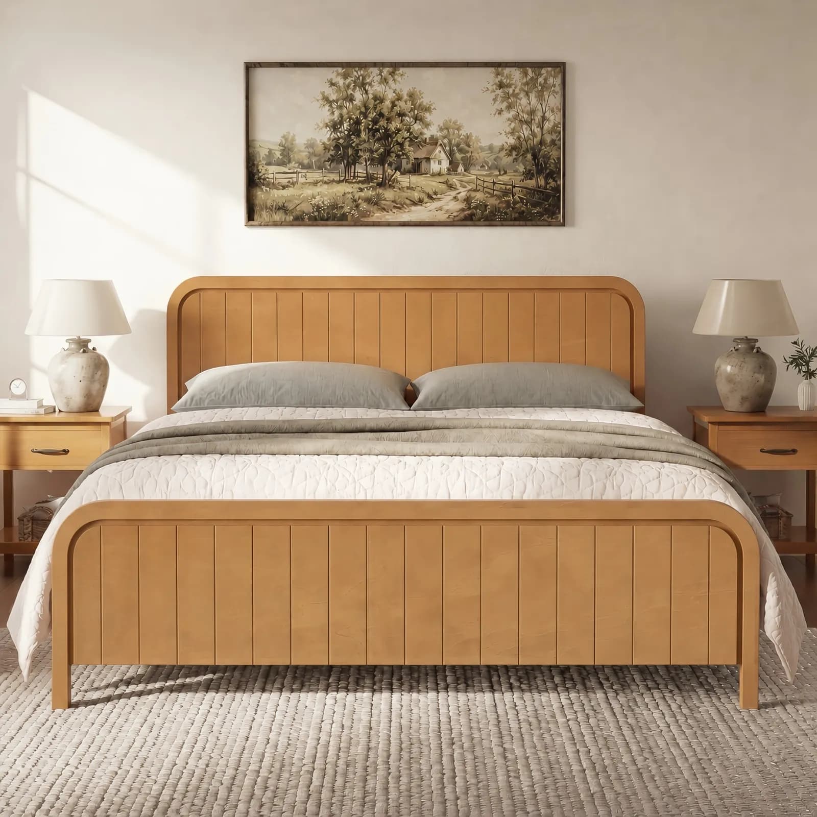 King Bed Frame with Headboard, Wood Platform Bed with Wooden Slats Support, Noise-Free…