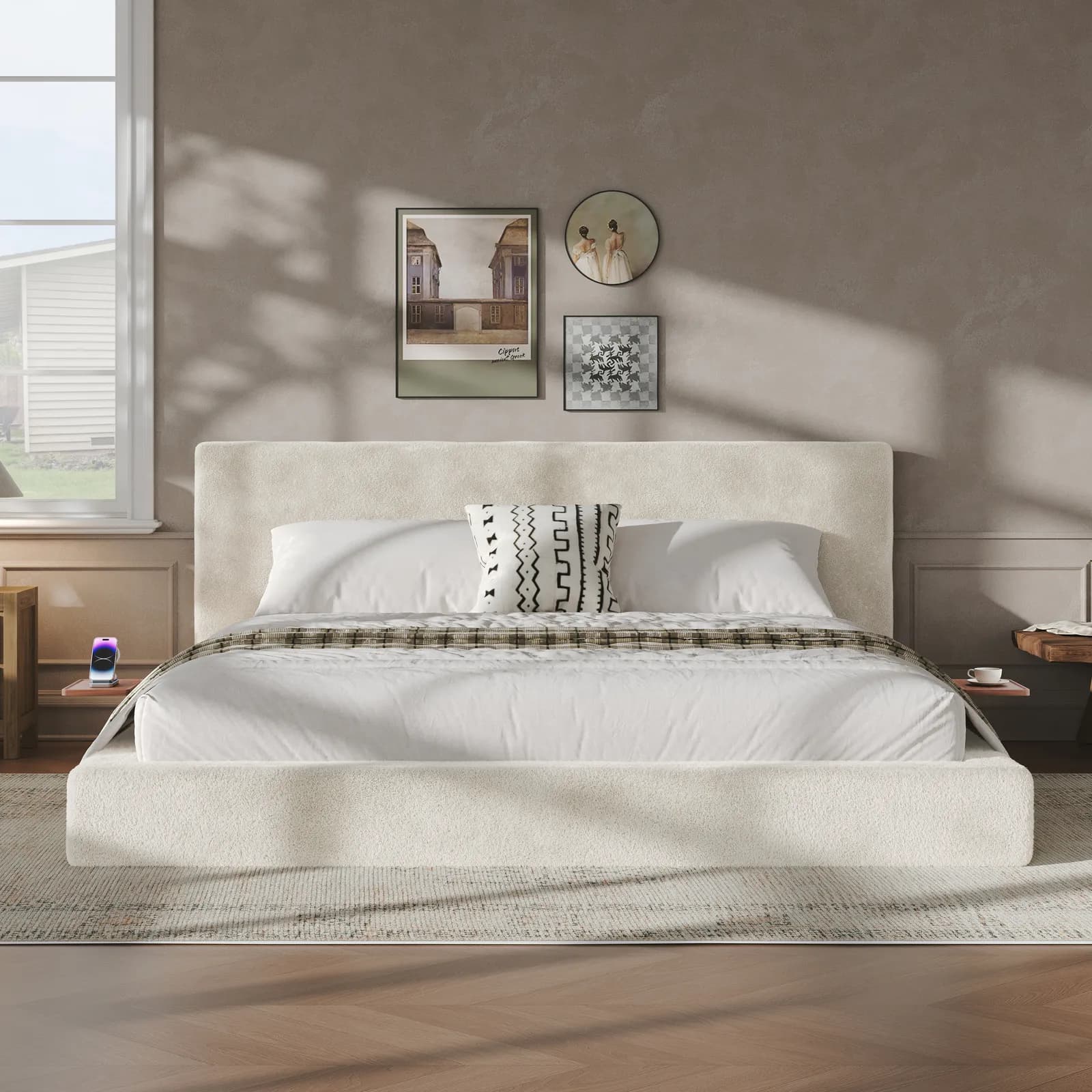 AirFrame King Bed Frame with adjustable Sliding Side Table, 8, 7'' Cloud Upholstered…