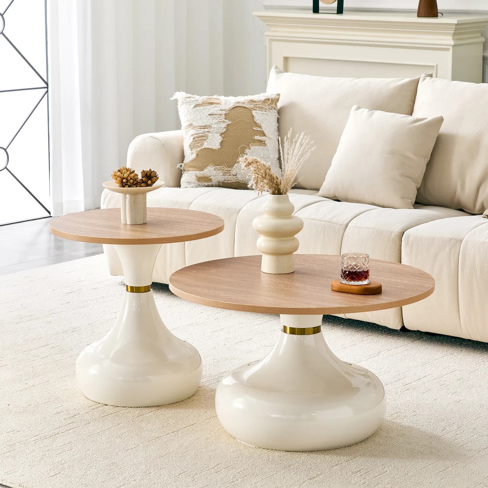 Affordable luxury gourd-shaped nesting coffee table set, Light wood-grain MDF tabletop…