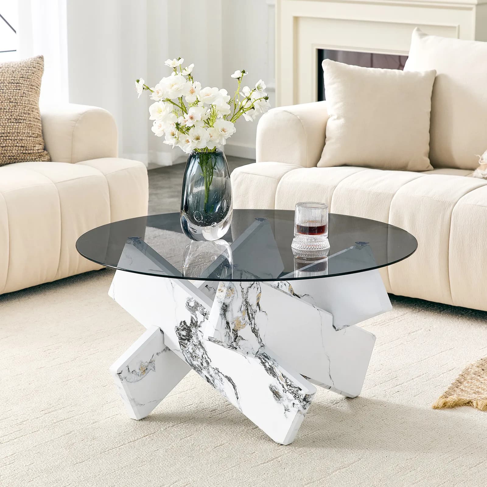 Artistic Cross X-Shaped Round Coffee Table, Smoked Gray Tempered Glass + White Bulgari…
