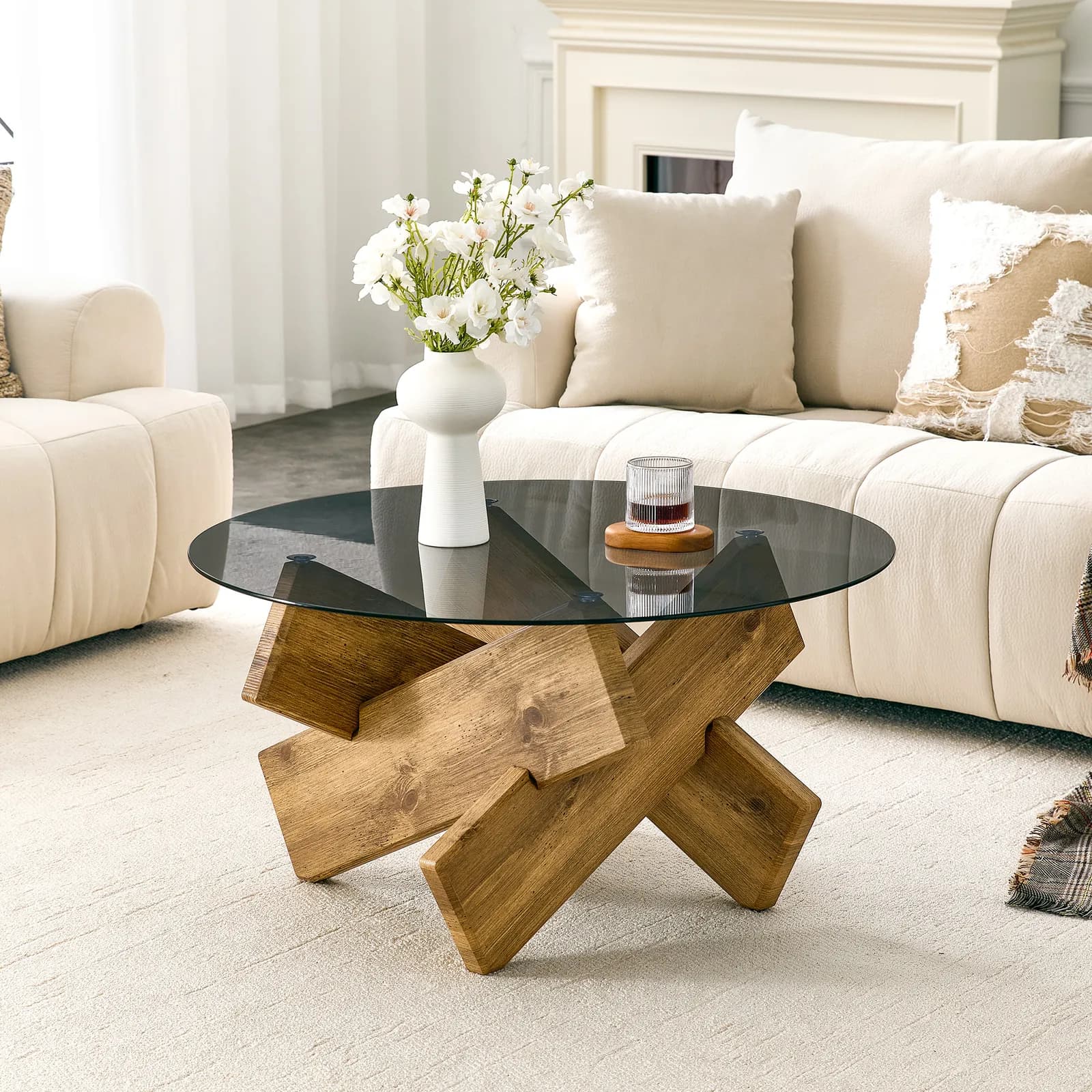 Artistic Cross-Style Round Coffee Table, Smoked Gray Tempered Glass + Wood-Patterned MDF…
