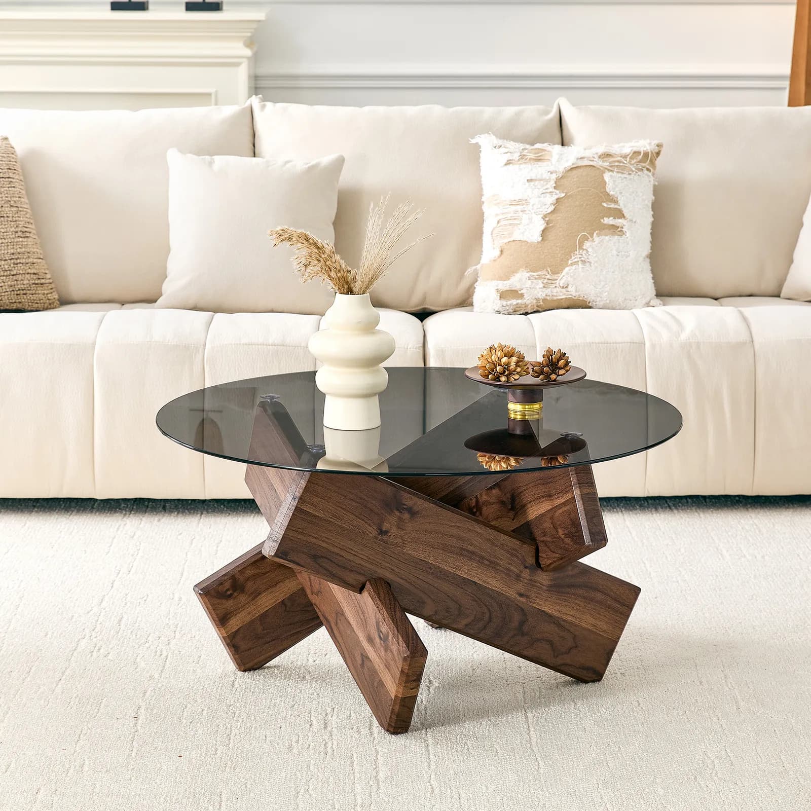 Artistic Cross-Style Round Coffee Table, Smoked Gray Tempered Glass + Walnut-Patterned…