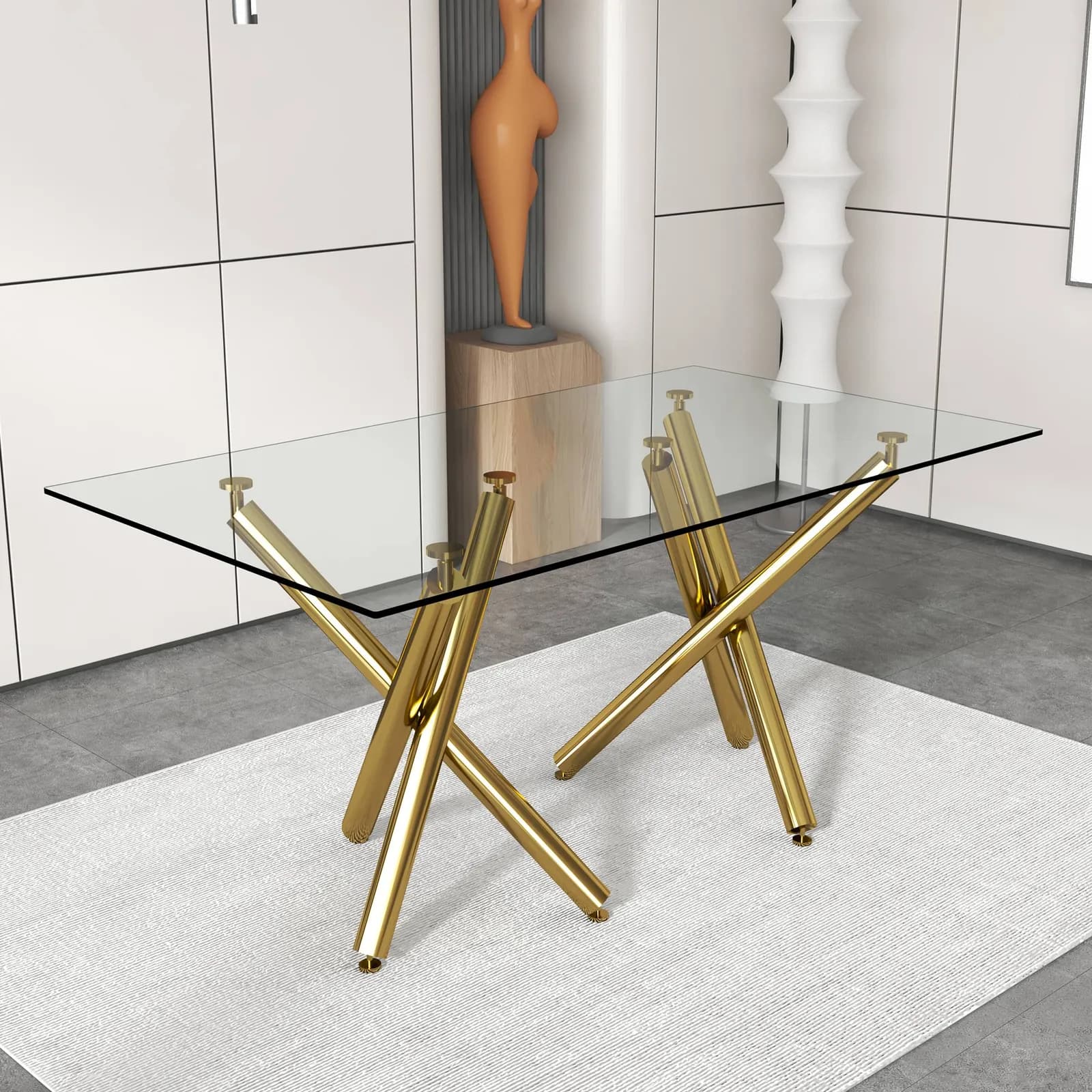 Large Modern Minimalist Rectangular Glass Dining Table for 6-8 with 0, 39"Tempered Glass…