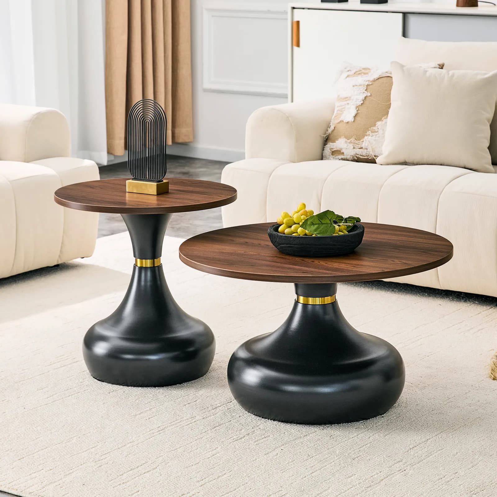 Affordable luxury gourd-shaped nesting coffee table set, Walnut-grain MDF tabletop with a…