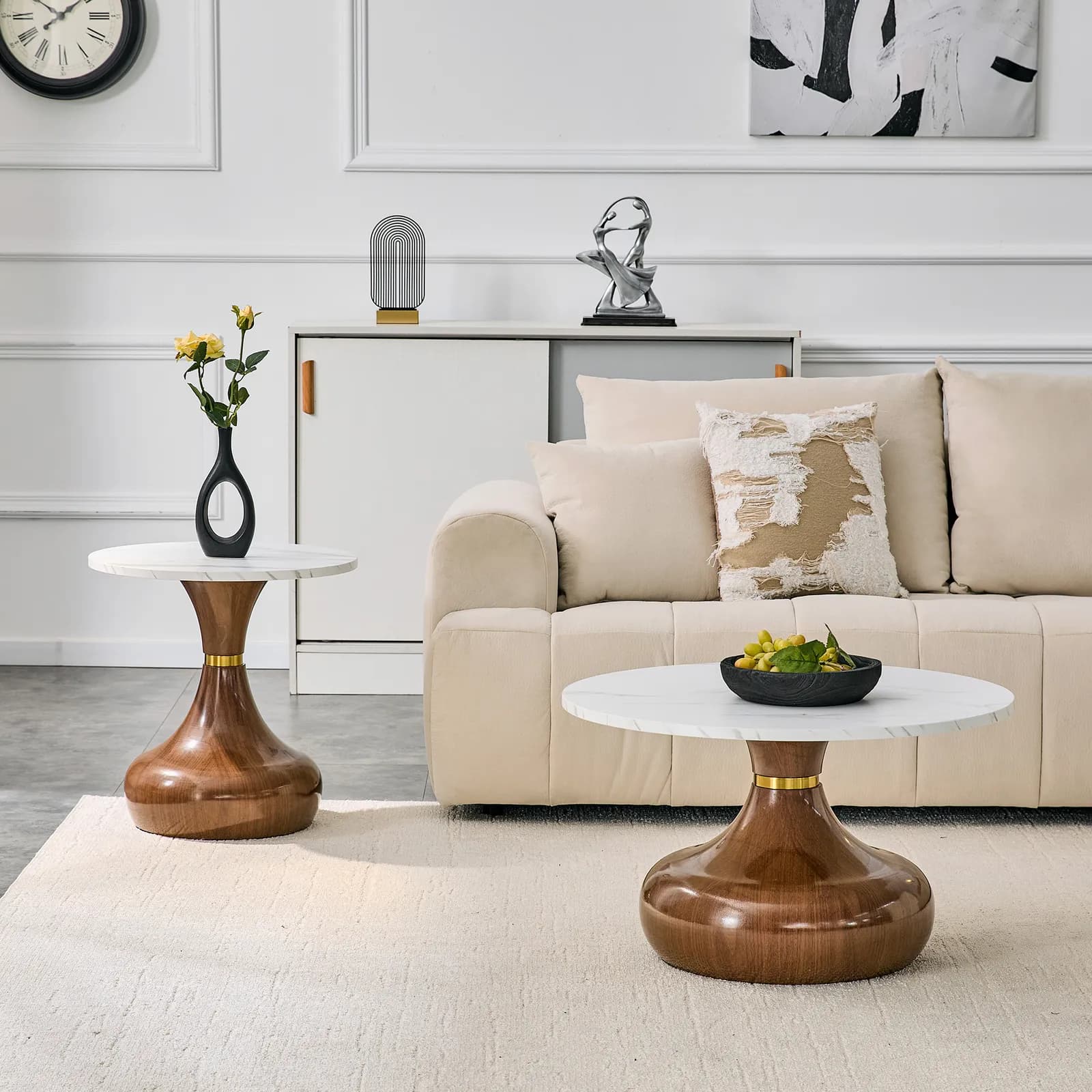 Affordable luxury gourd-shaped nesting coffee table set, White marble-patterned MDF…