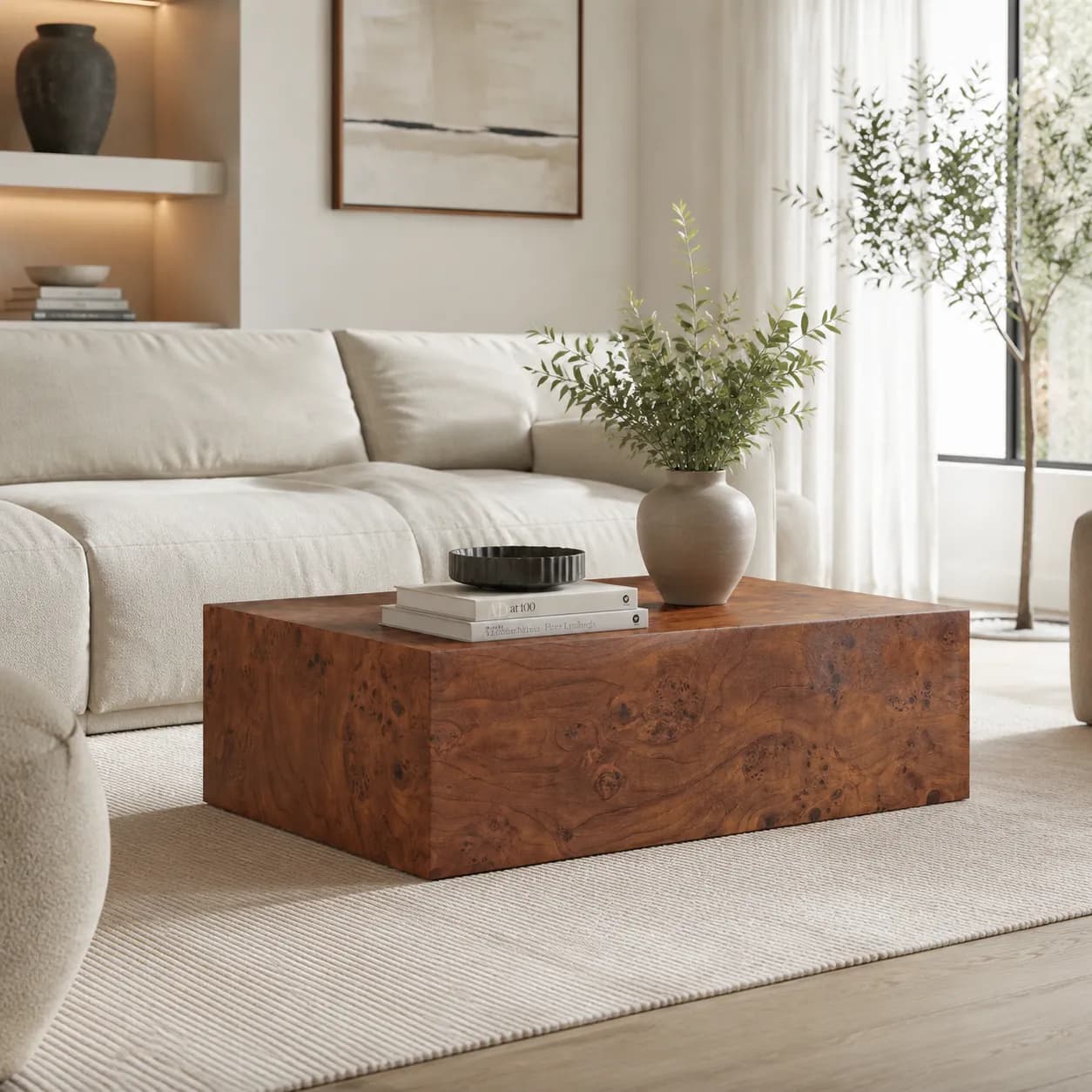 Premium Burl Walnut Veneer MDF Cube Table, Height Adjustable Multi-purpose Coffee Side…