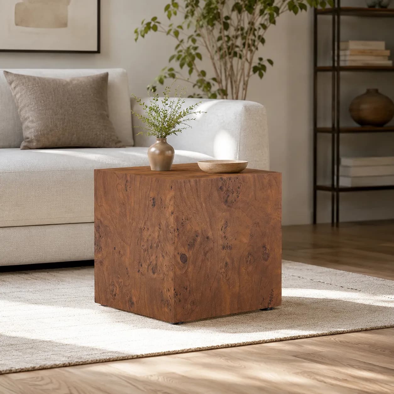 Premium Burl Walnut Veneer MDF Cube Table, Height Adjustable Multi-purpose Coffee Side…