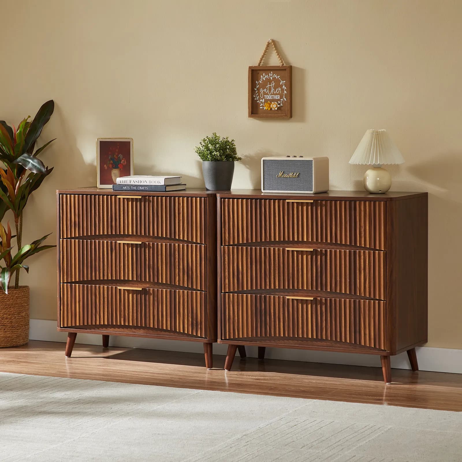 Fluted 3 Drawer Dresser Set of 2, Mid-Century Modern Tall Chest of Drawers with Vertical…