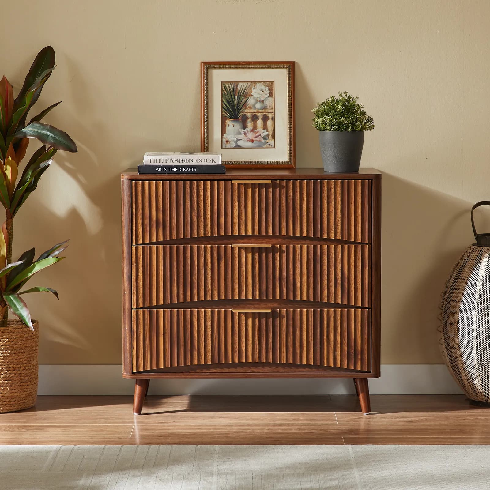 Fluted 3 Drawer Dresser, Mid-Century Modern Tall Chest of Drawers with Vertical Grooved…