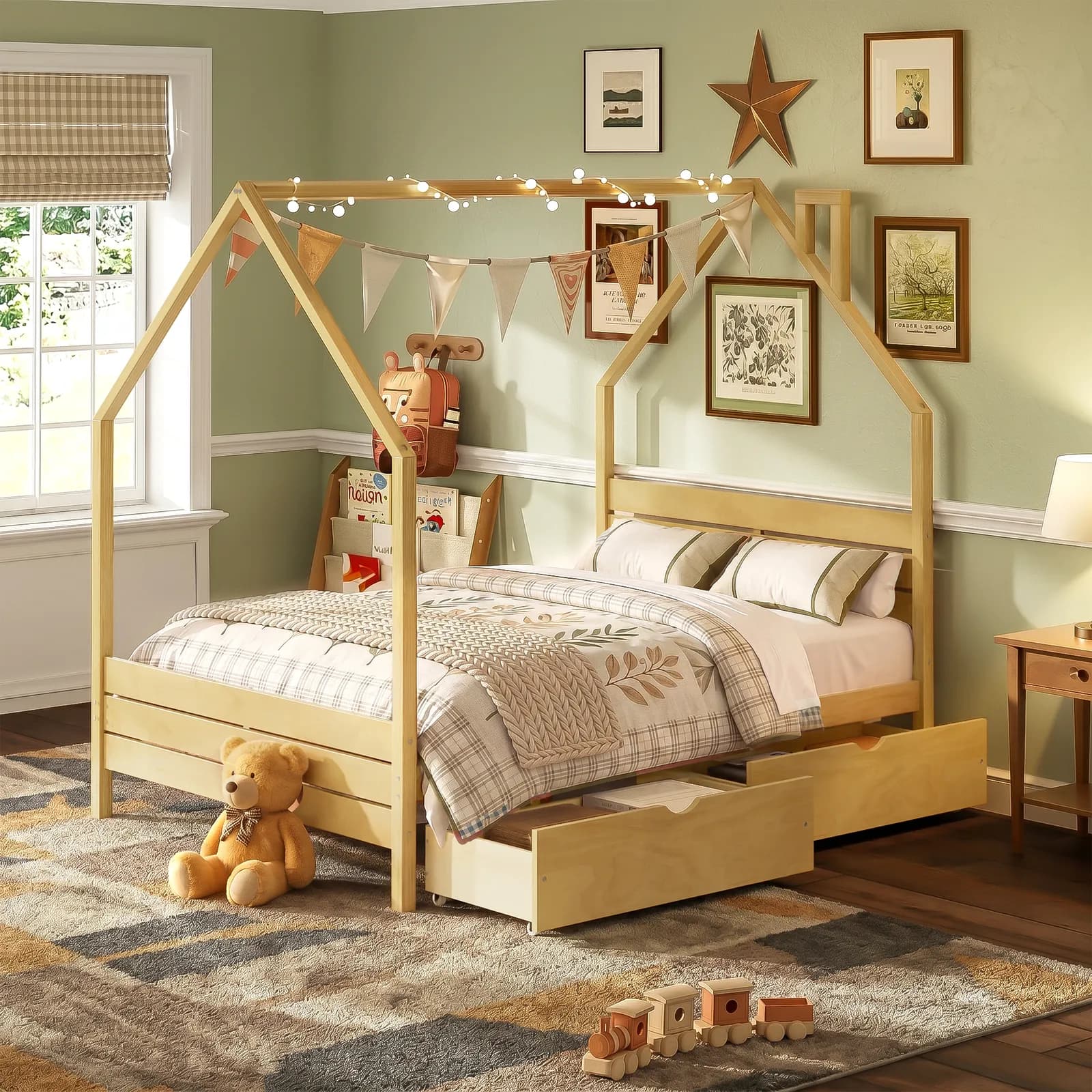 Full Bed Frame for Kids, Montessori Bed with 2 Storage Drawers, Wood House Shape Full Bed…