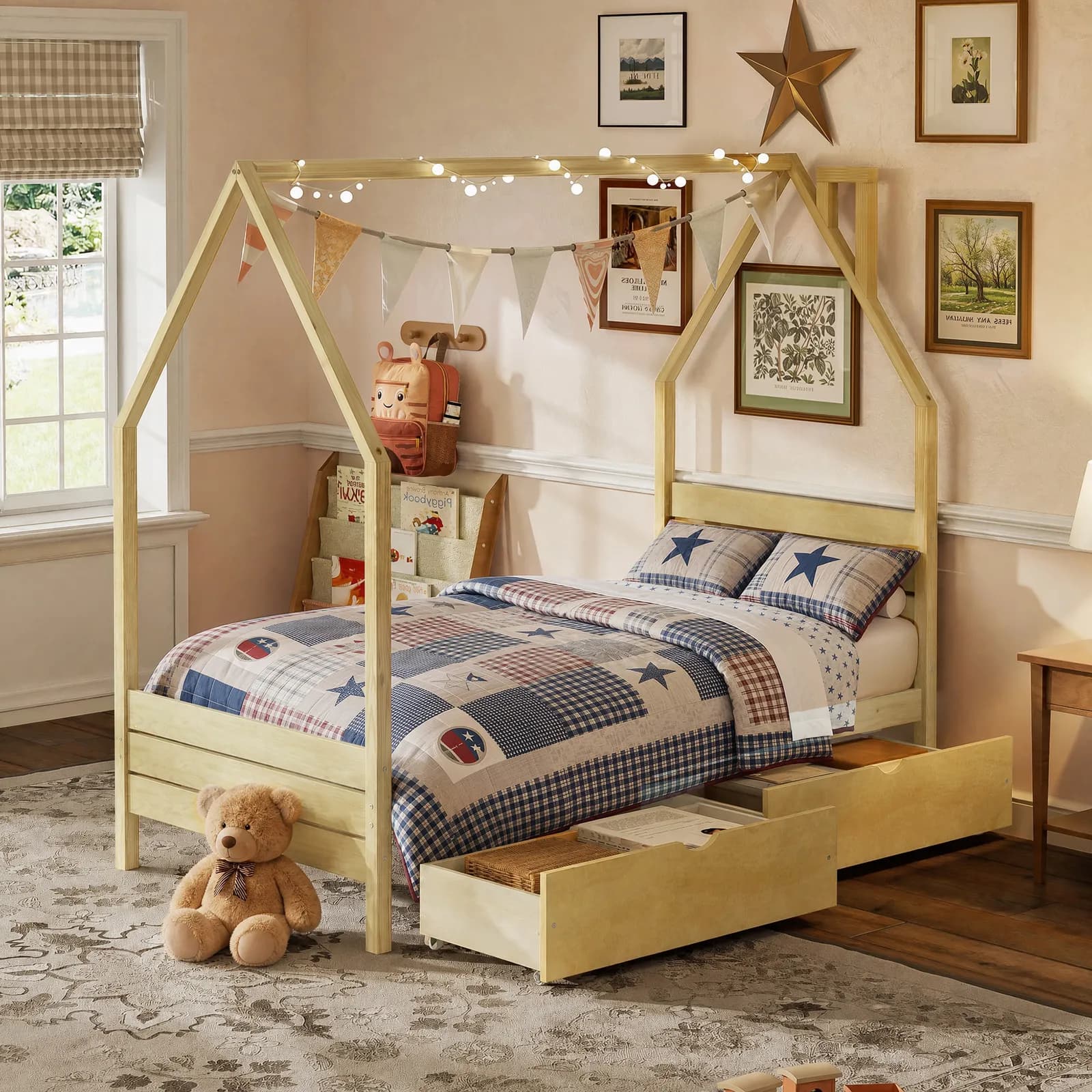 Twin Bed Frame for Kids, Montessori Bed with 2 Storage Drawers, Wood House Shape Twin Bed…
