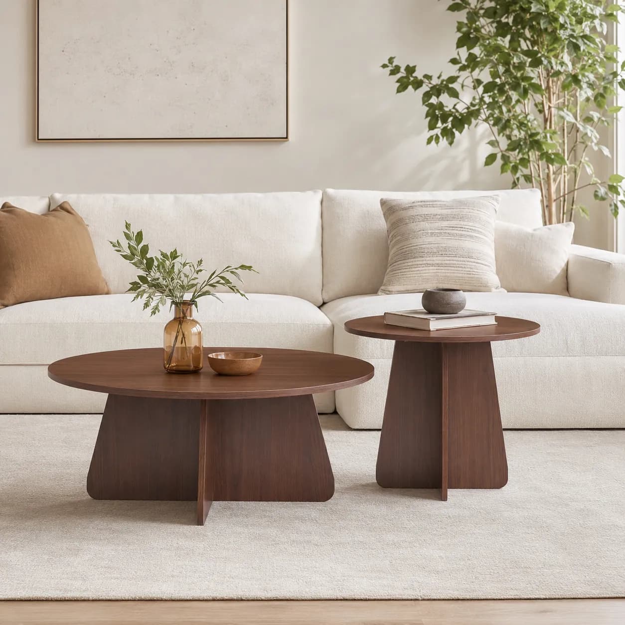 Retro-style nesting coffee table set, Available in walnut or natural wood finishes, Round…