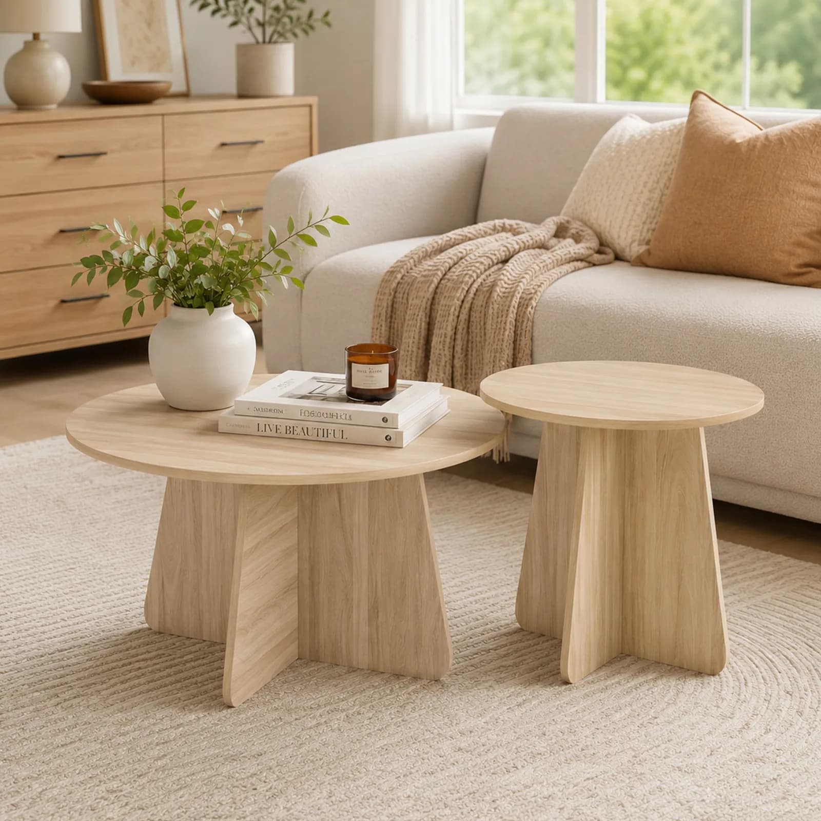 Retro-style nesting coffee table set, Available in walnut or natural wood finishes, Round…