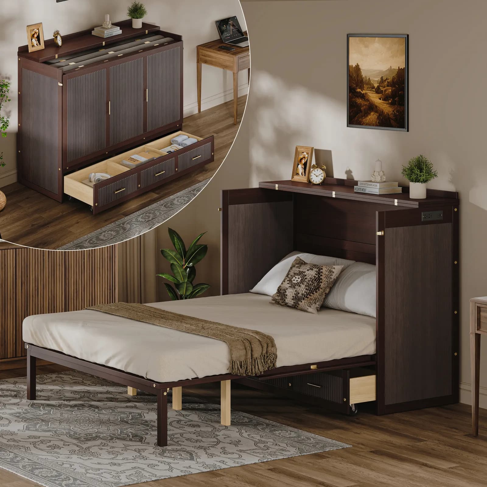 Multifunctional Murphy Bed Cabinet with USB Charging Station, Queen Size Vertical…