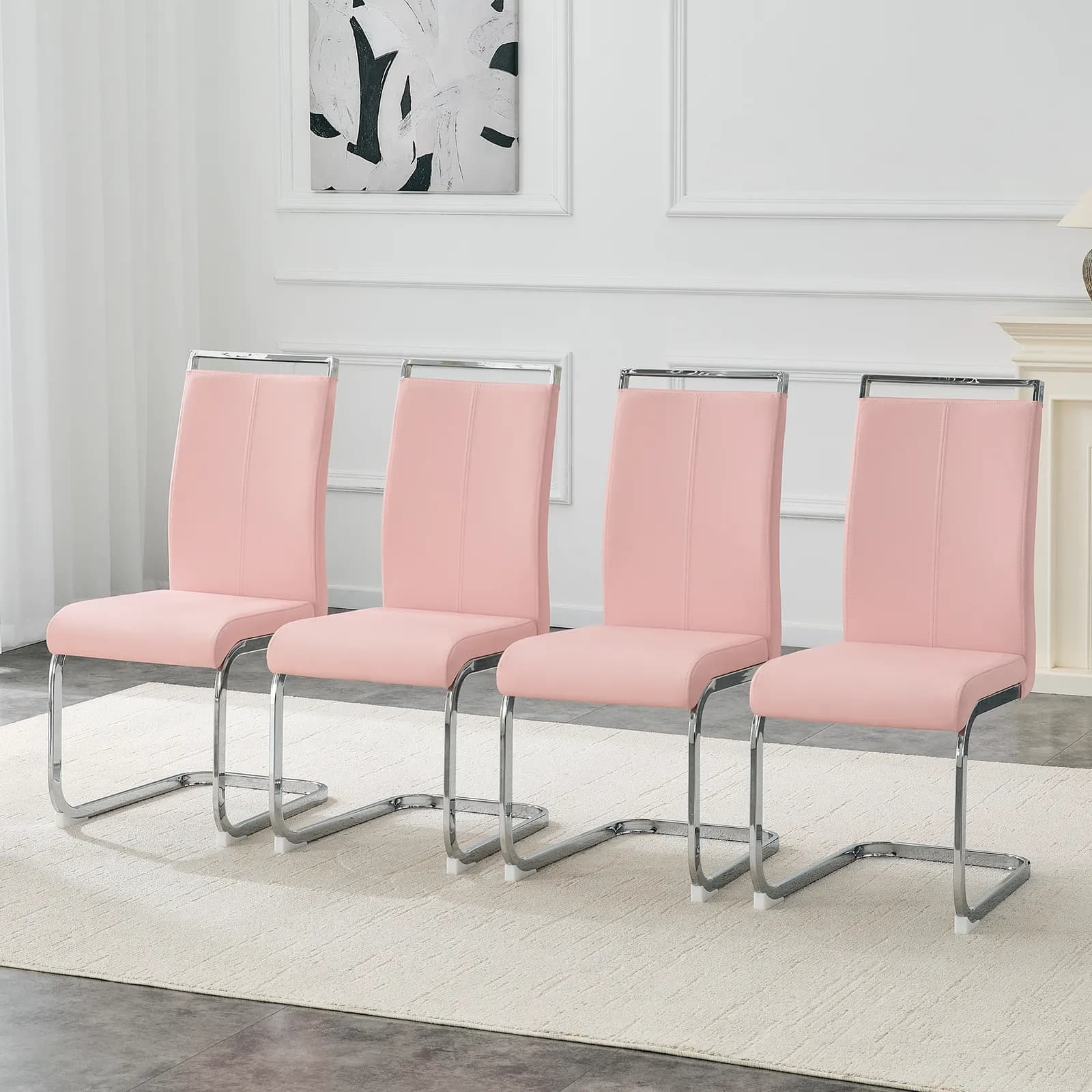 Set of 4 Pink PU Dining Chairs with Silver Curved Metal Legs - Modern Minimalist Backed…