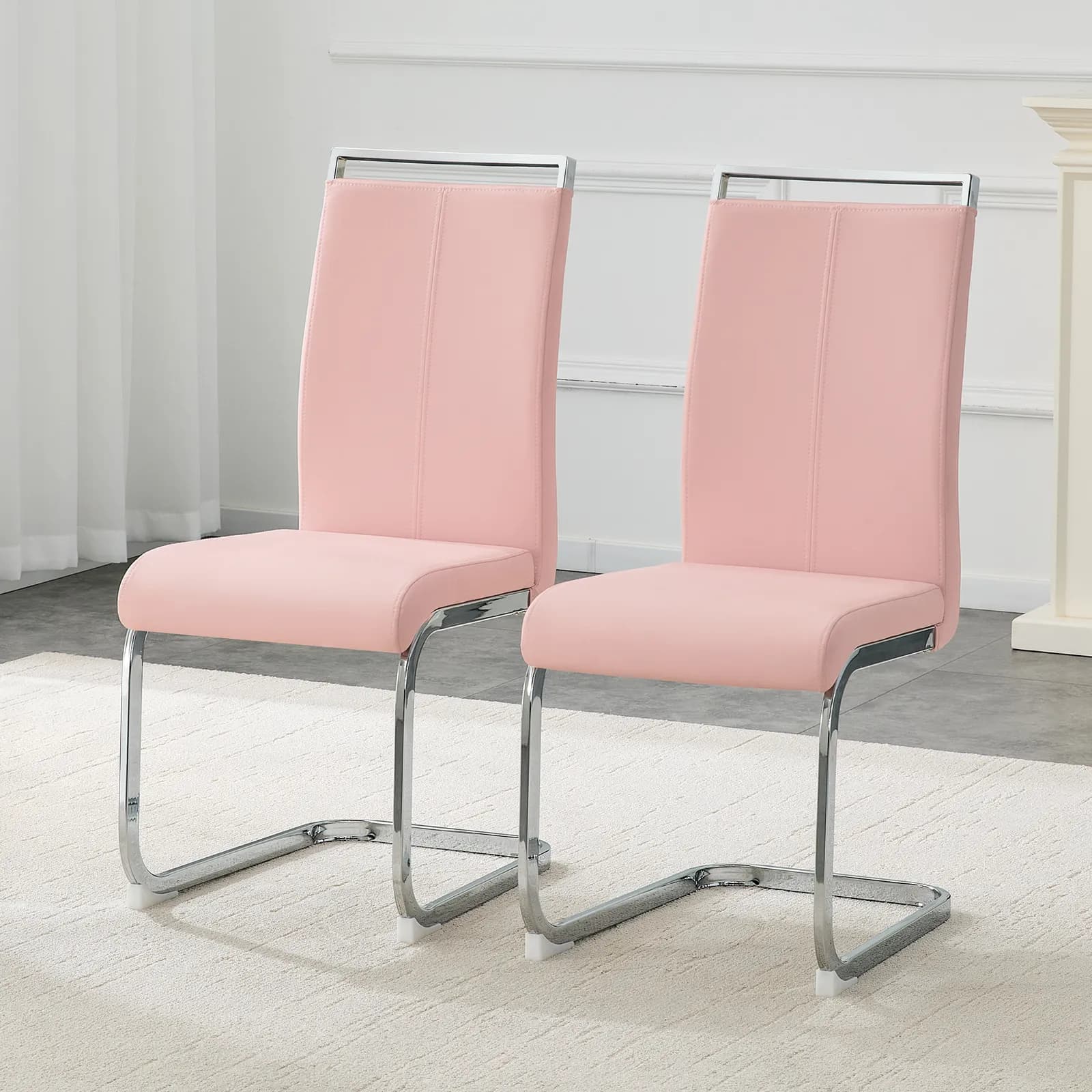 Set of 2 Pink PU Dining Chairs with Silver Curved Metal Legs - Modern Minimalist Backed…