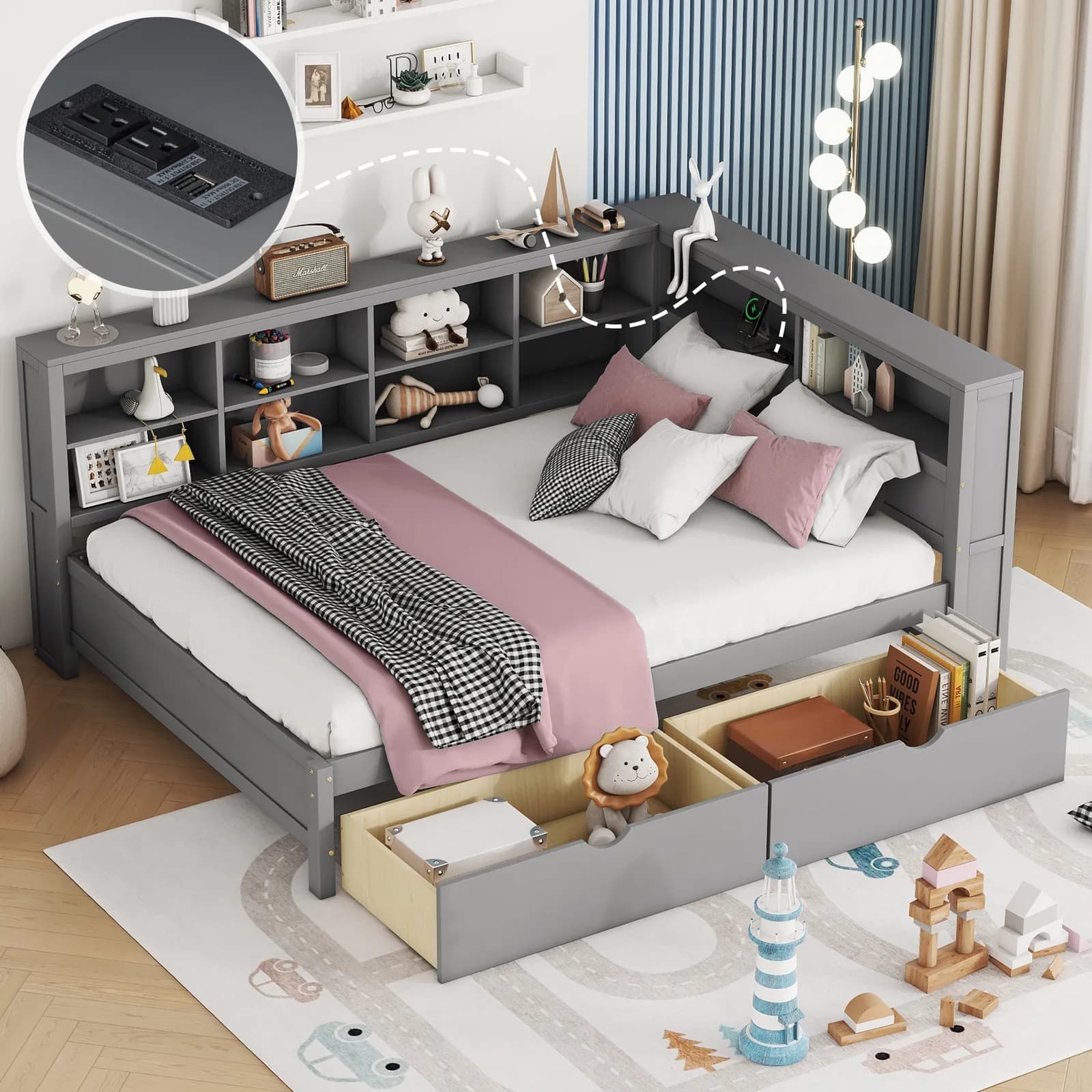 Wooden Full Size DayBed with 2 Drawers, DayBed with Storage Shelf and USB Charging Ports,…