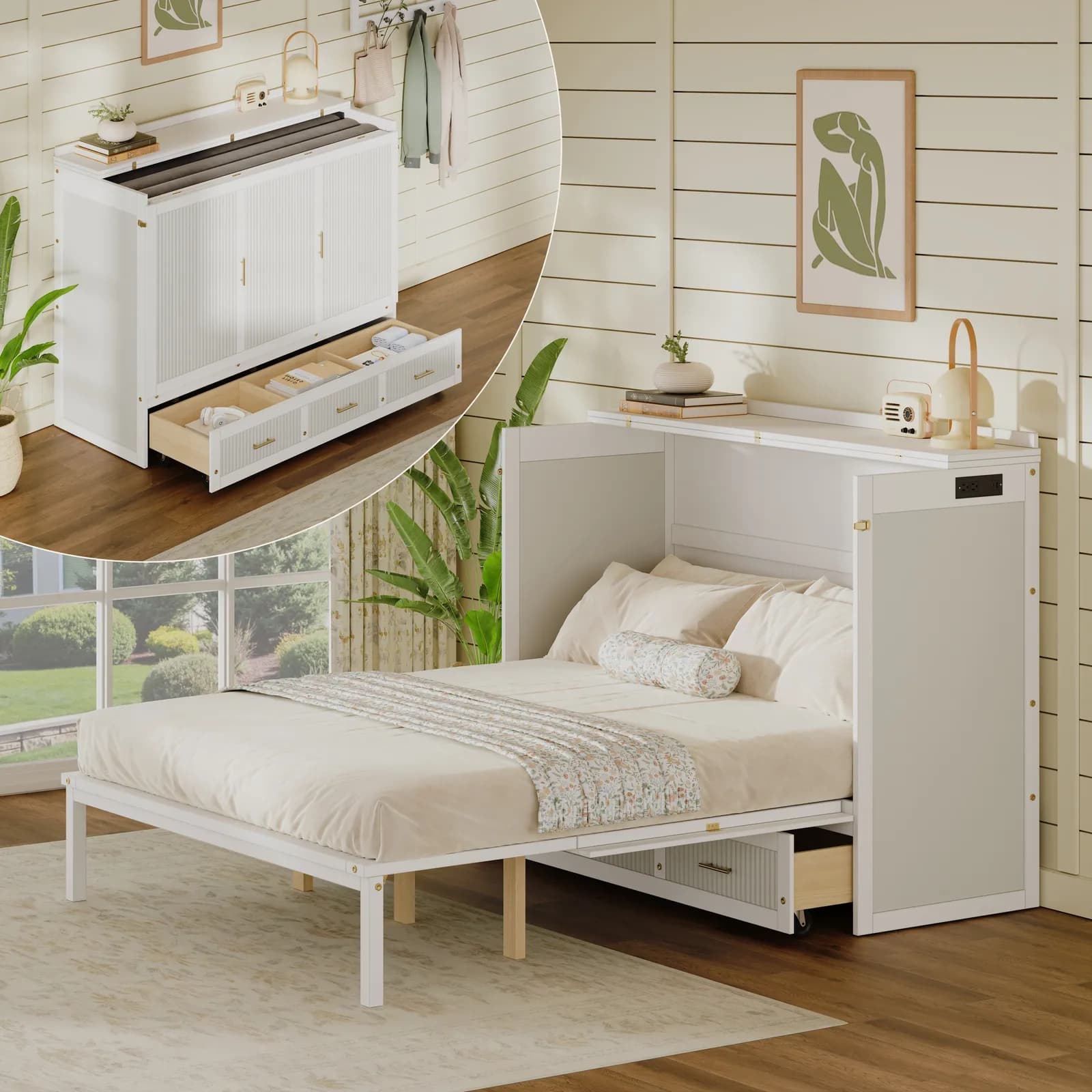 Multifunctional Murphy Bed Cabinet with USB Charging Station, Queen Size Vertical…