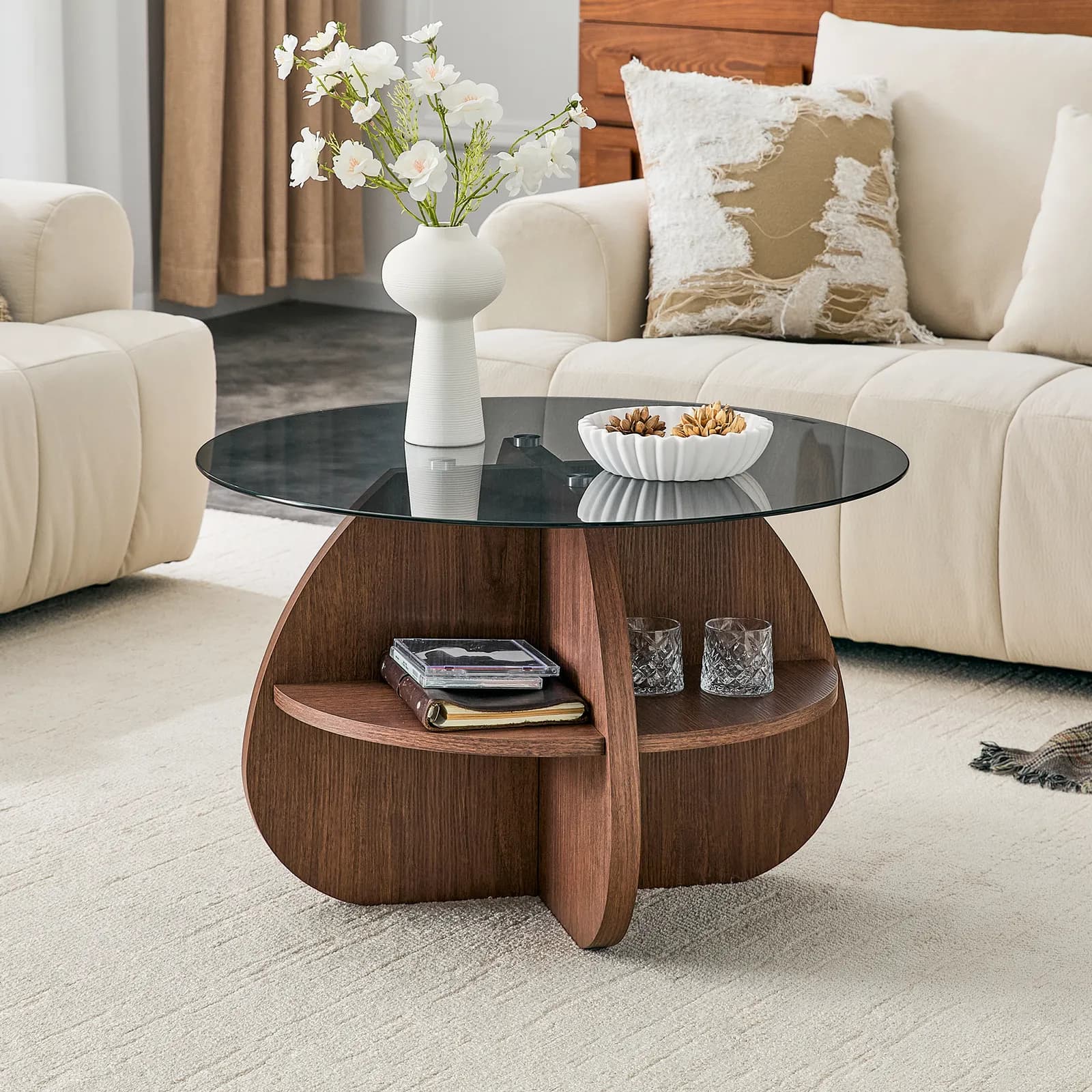 Creative Cross-Structure Round Coffee Table with Gray Tempered Glass Top and…