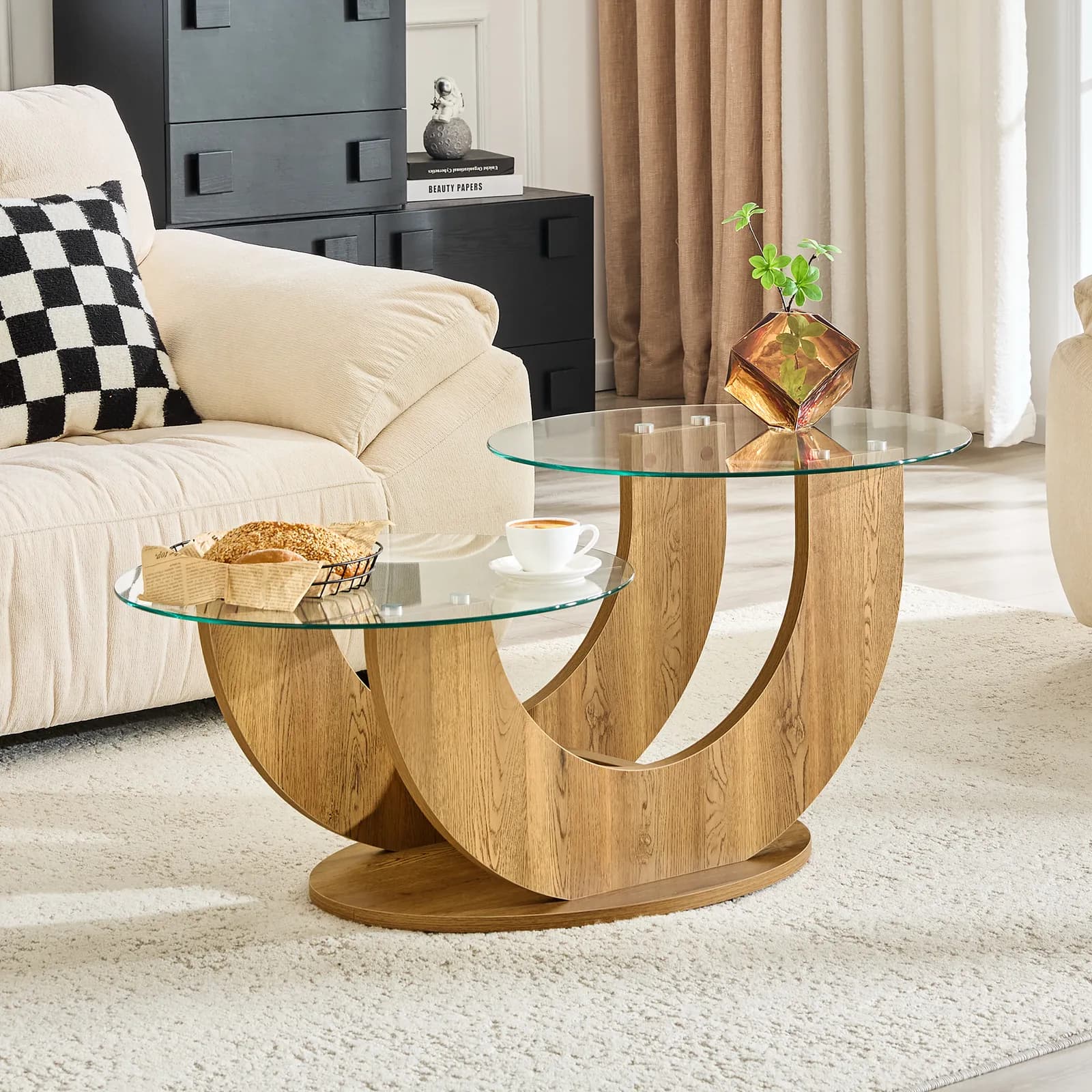 Creative U-Shaped Double-Tier Glass Coffee Table with Wood-Grain MDF Base: A Modern,…