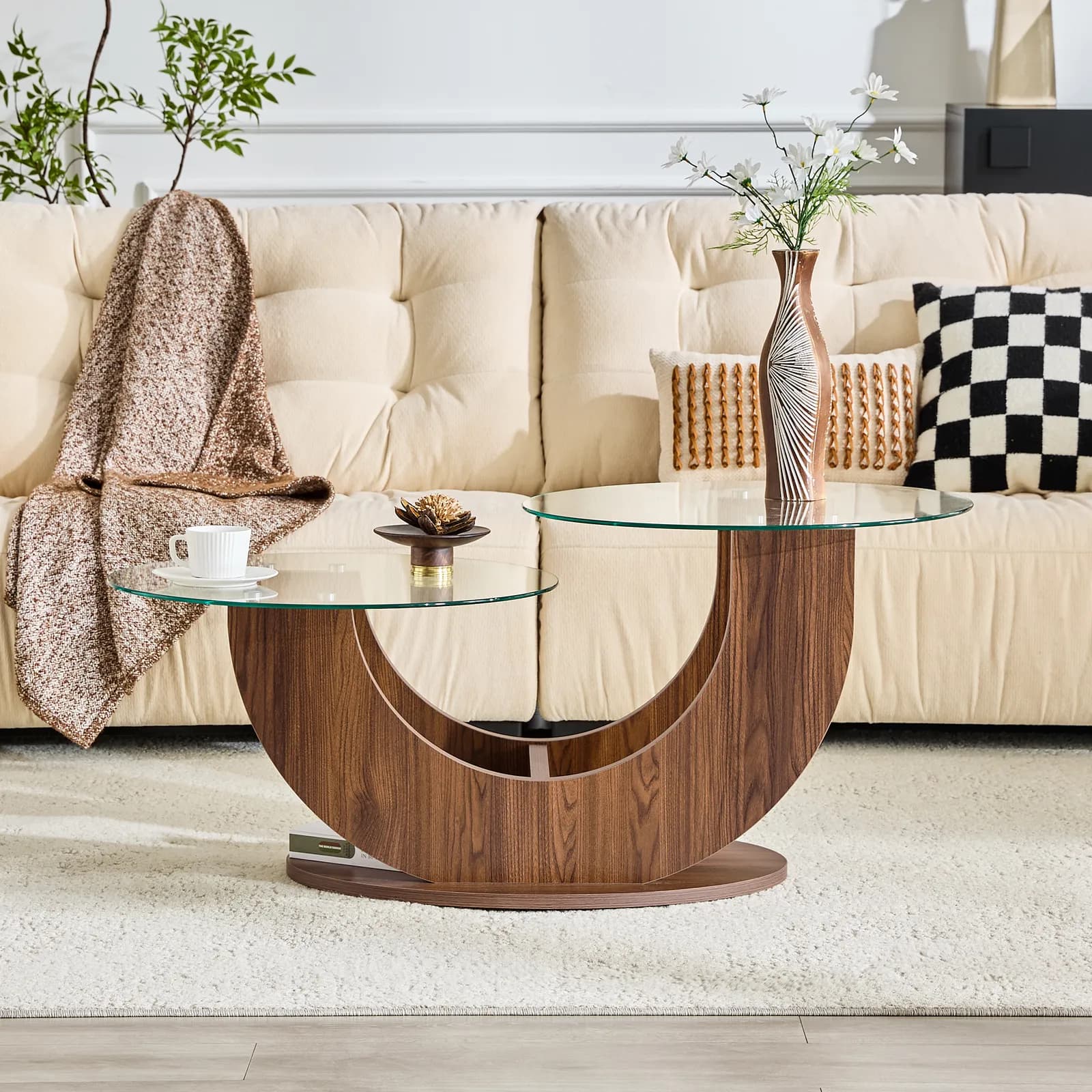 Creative U-Shaped Double-Tier Glass Coffee Table with Walnut-Colored MDF Base - Modern…