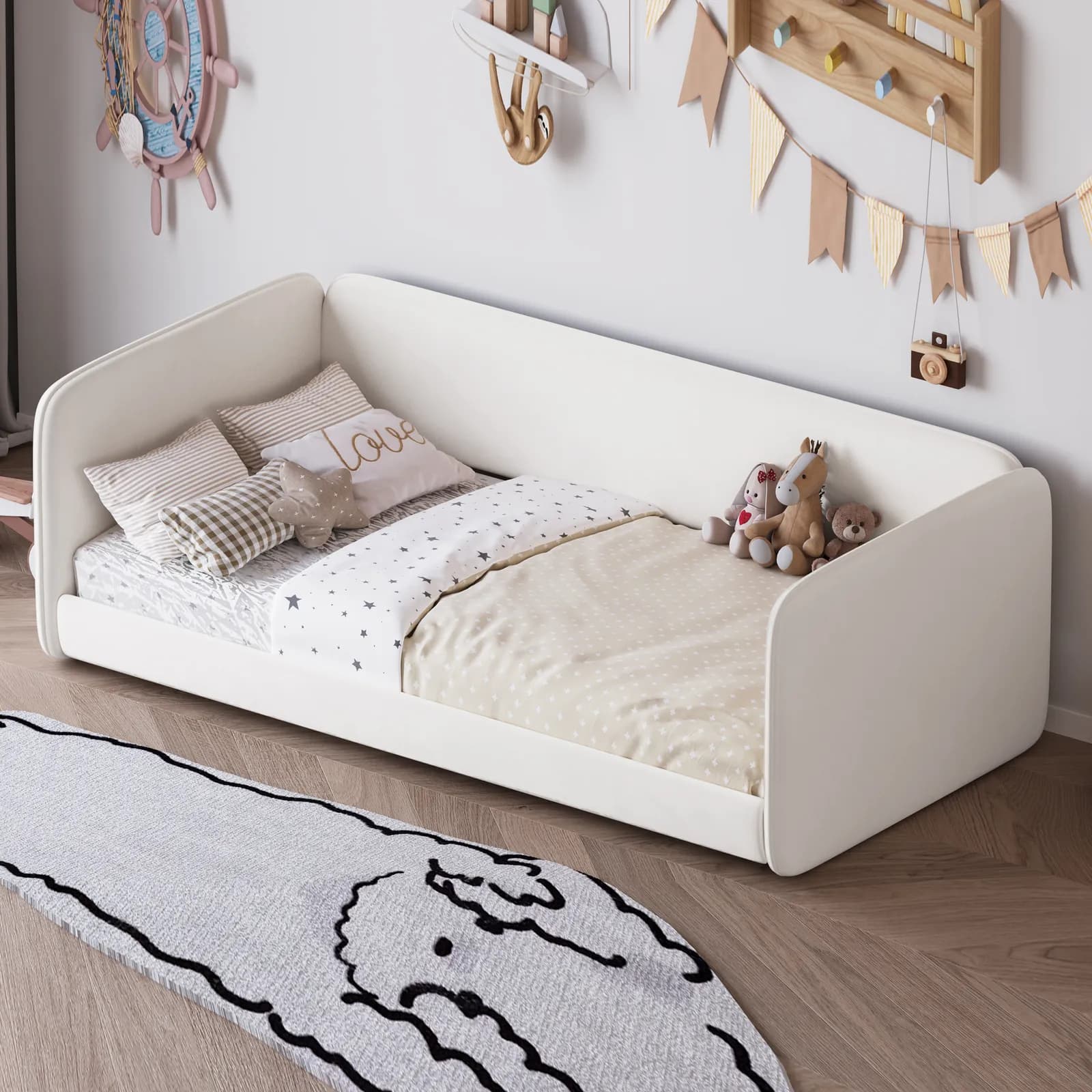 Twin Size Floor Bed with Upholstered Headboard and Armrests, Velvet Floor Bed Frame with…