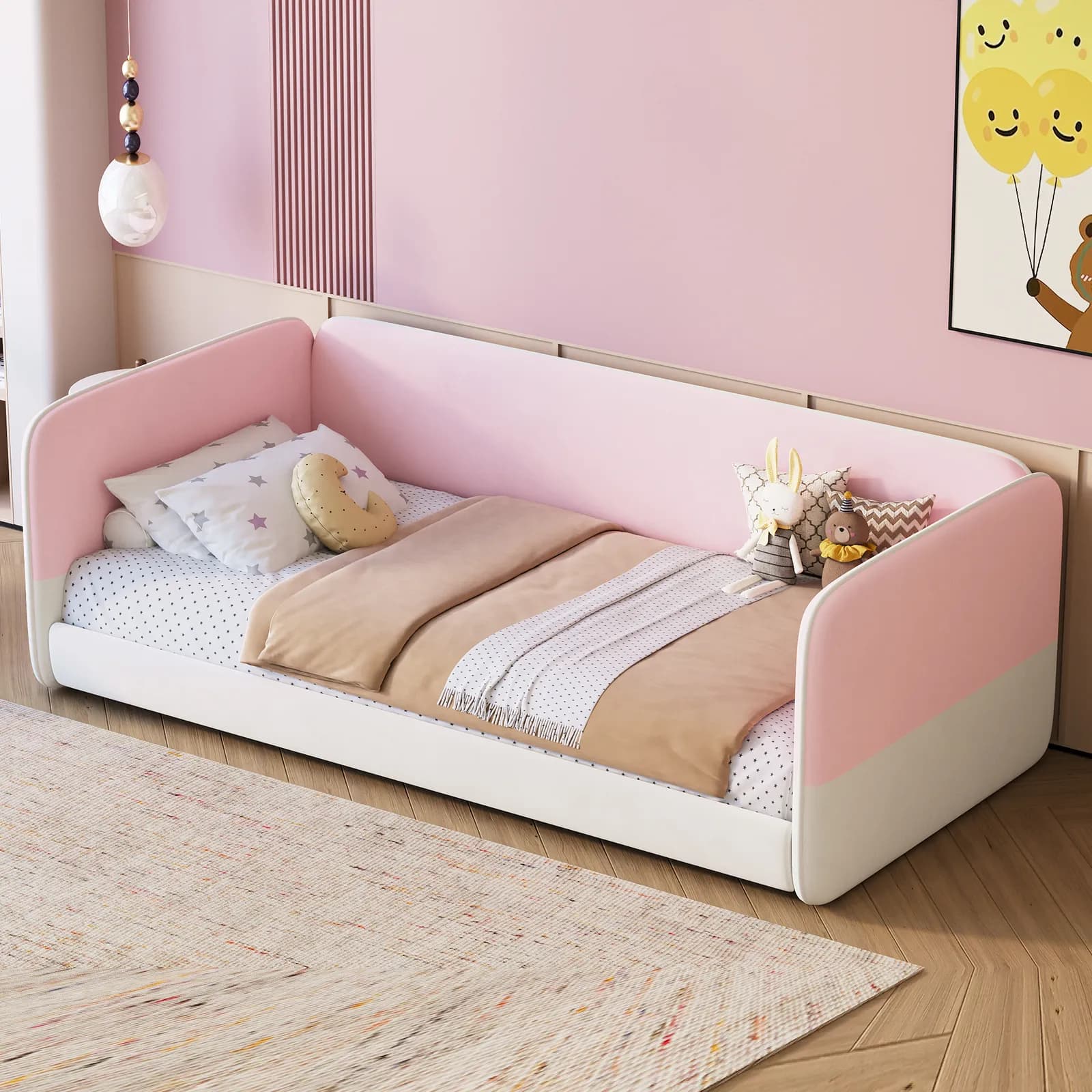 Twin Size Floor Bed with Upholstered Headboard and Armrests, Velvet Floor Bed Frame with…