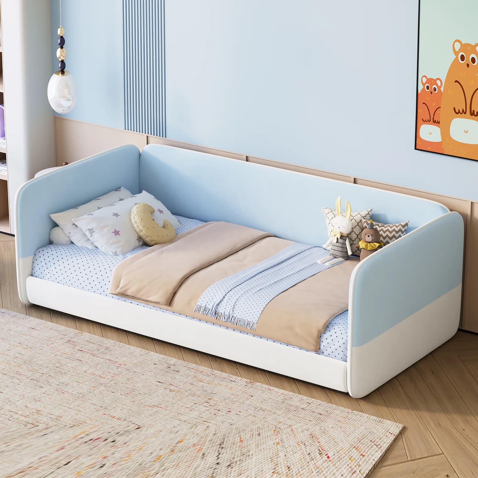 Twin Size Montessori Floor Bed with Upholstered Headboard and Armrests, Velvet Floor Bed…