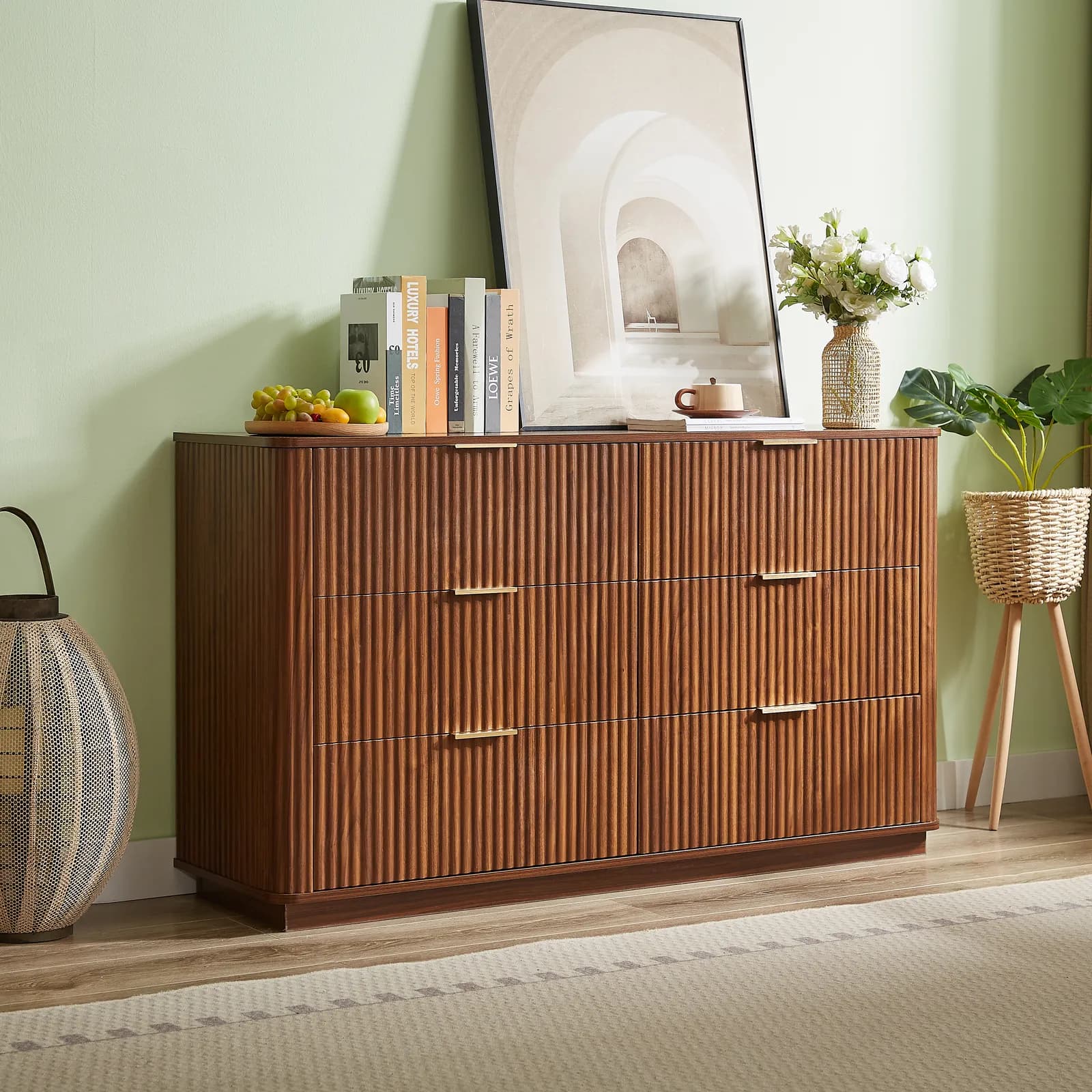6 Drawers Dresser, 55" Wide Modern Chest of Drawers Curved wave Design, Dresser TV Stand,…