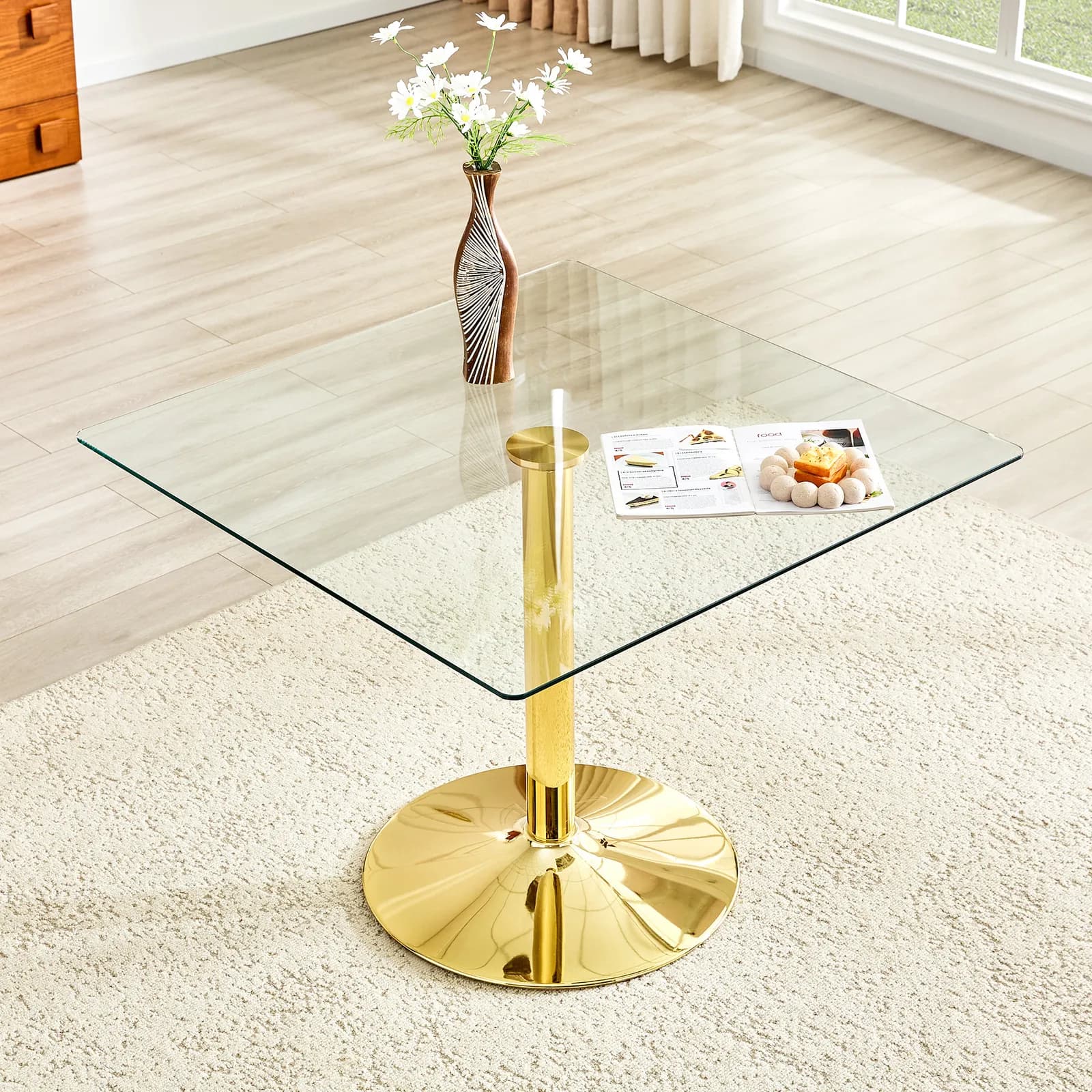 38, 5-inch Modern Minimalist Square Glass Dining Table with Single-Column Metal Base,…